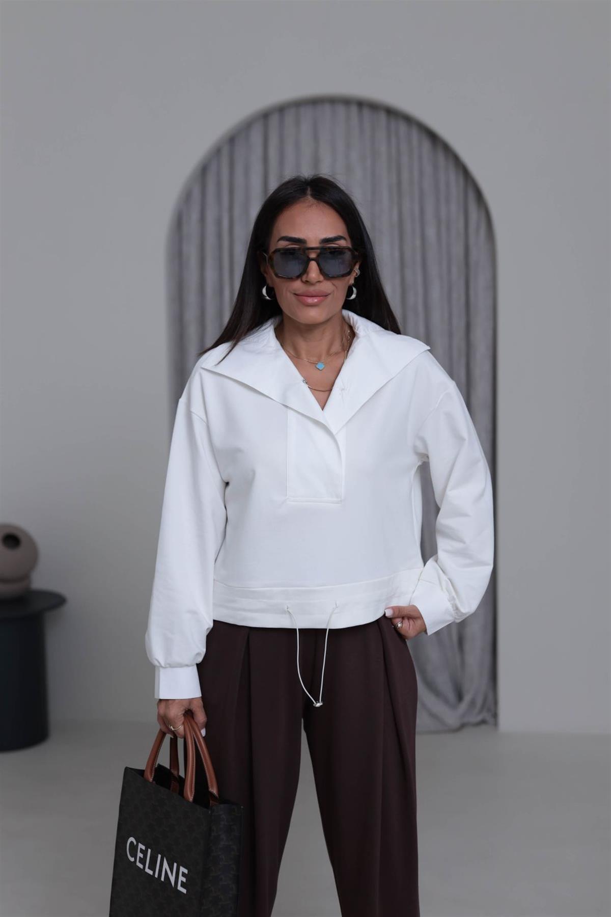 6720 Poplin Yaka Altı Lastikli Sweatshirt EKRU