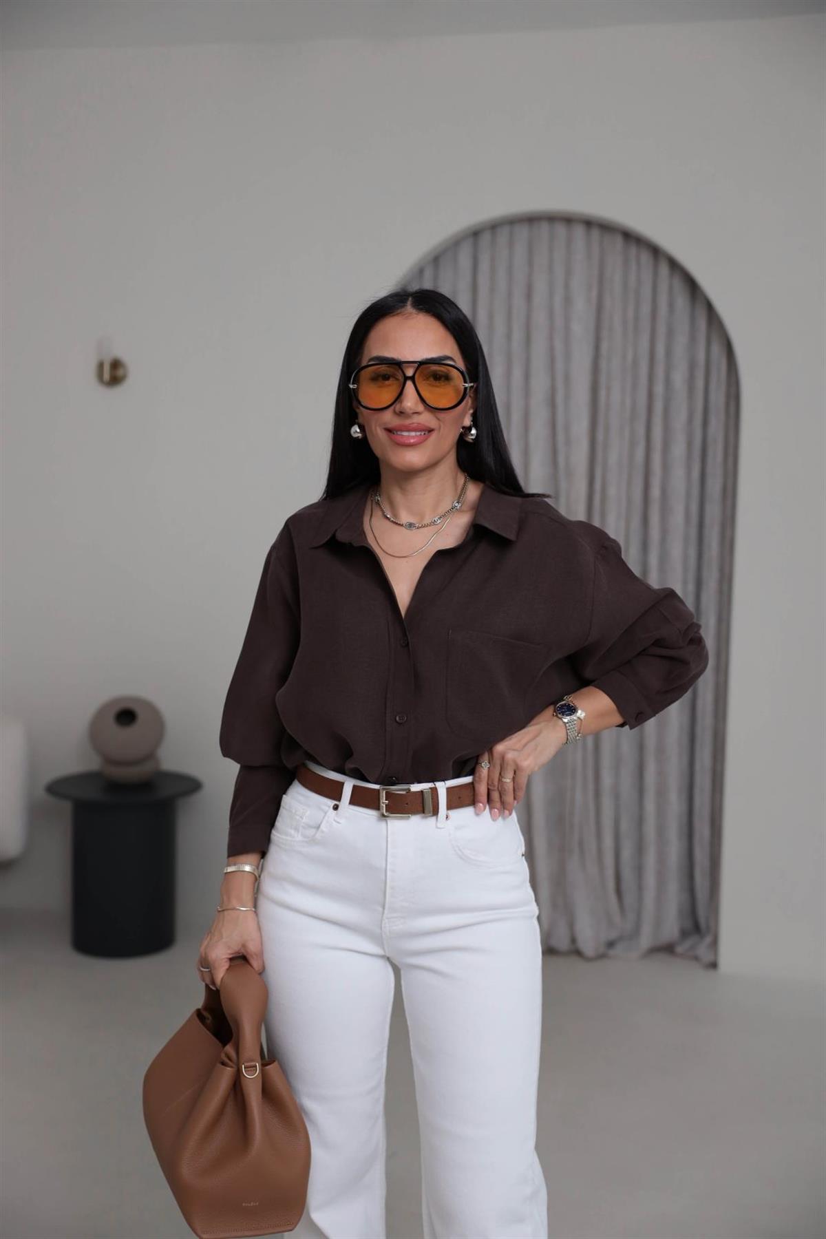 8454 Düşük Omuz Salaş Gömlek KAHVE