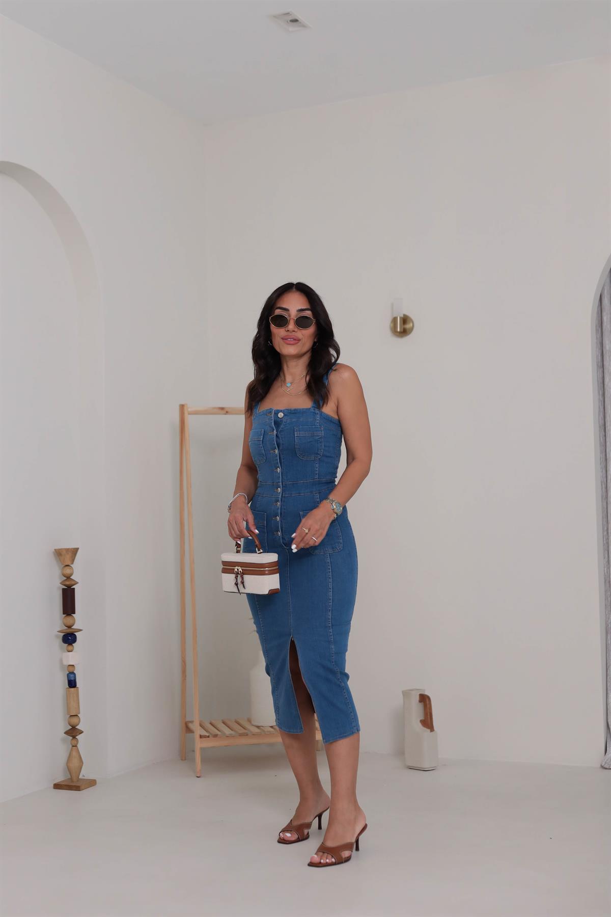 7237 Ön Yırtmaç Detaylı Kalın Askılı Jean Elbise MAVİ