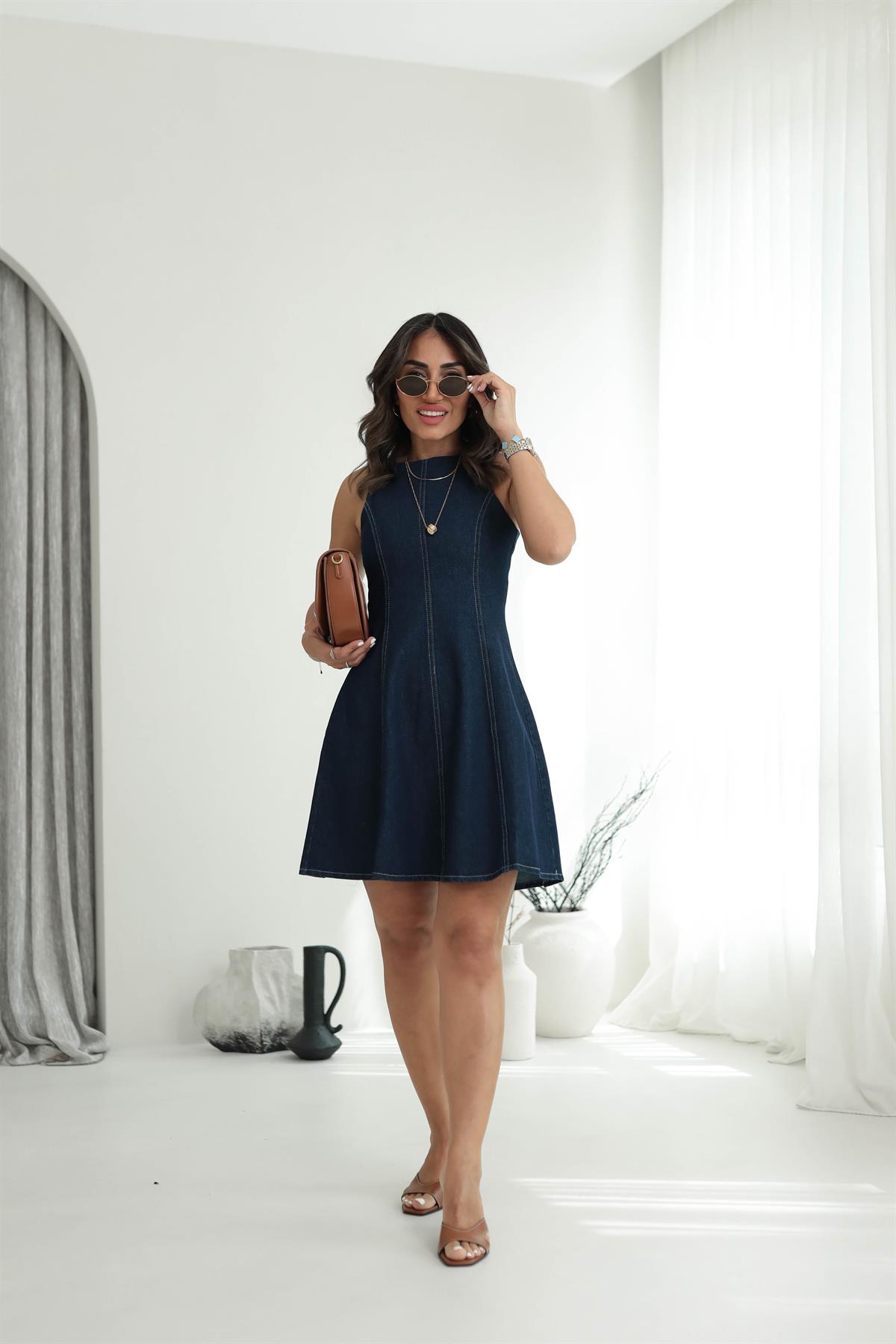 0433 Sıfır Kol Kloş Denim Elbise LACİVERT