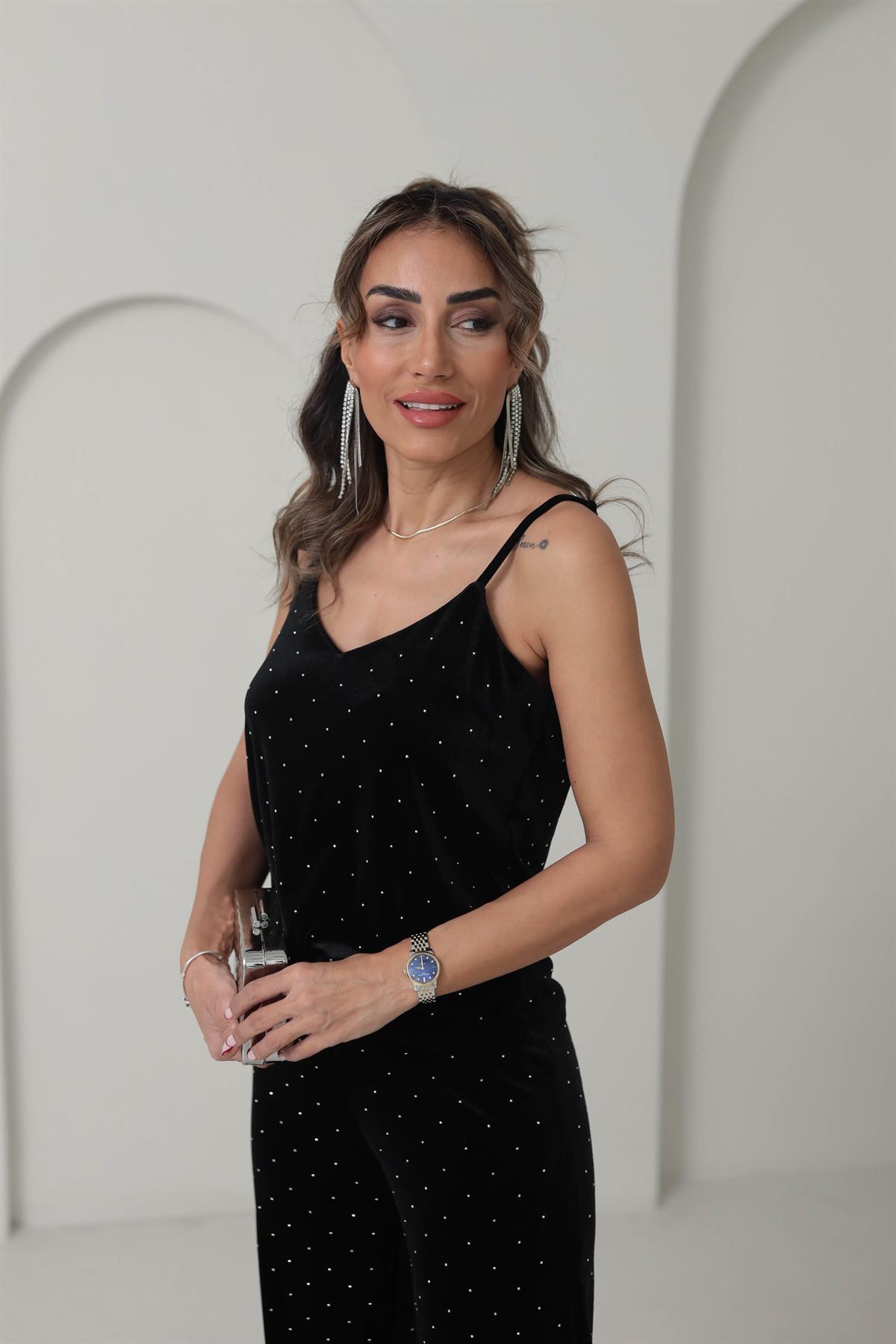 6766 Taşlı Kadife Atlet SİYAH