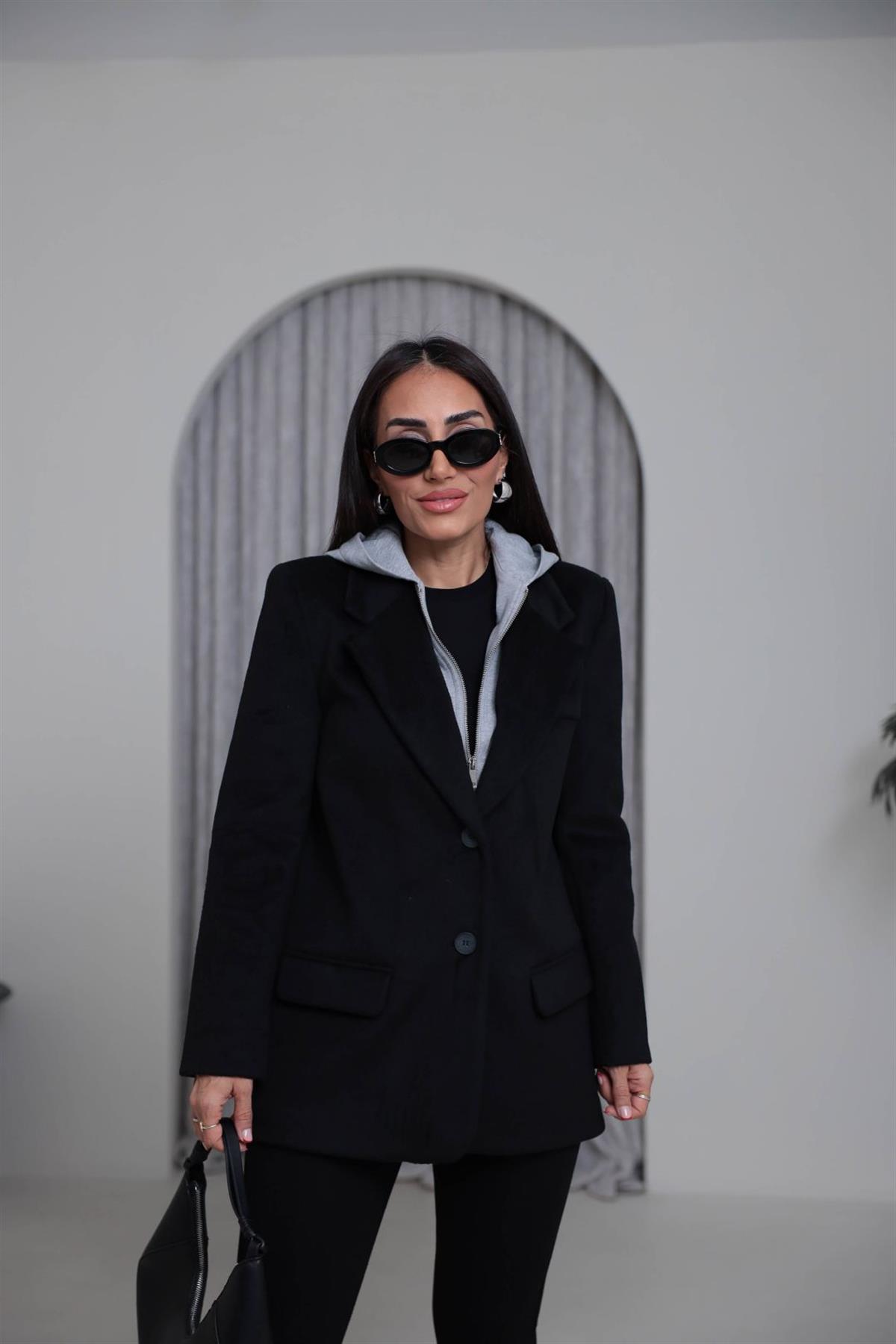 8733K Penye Kapşonlu Kaşe Ceket SİYAH