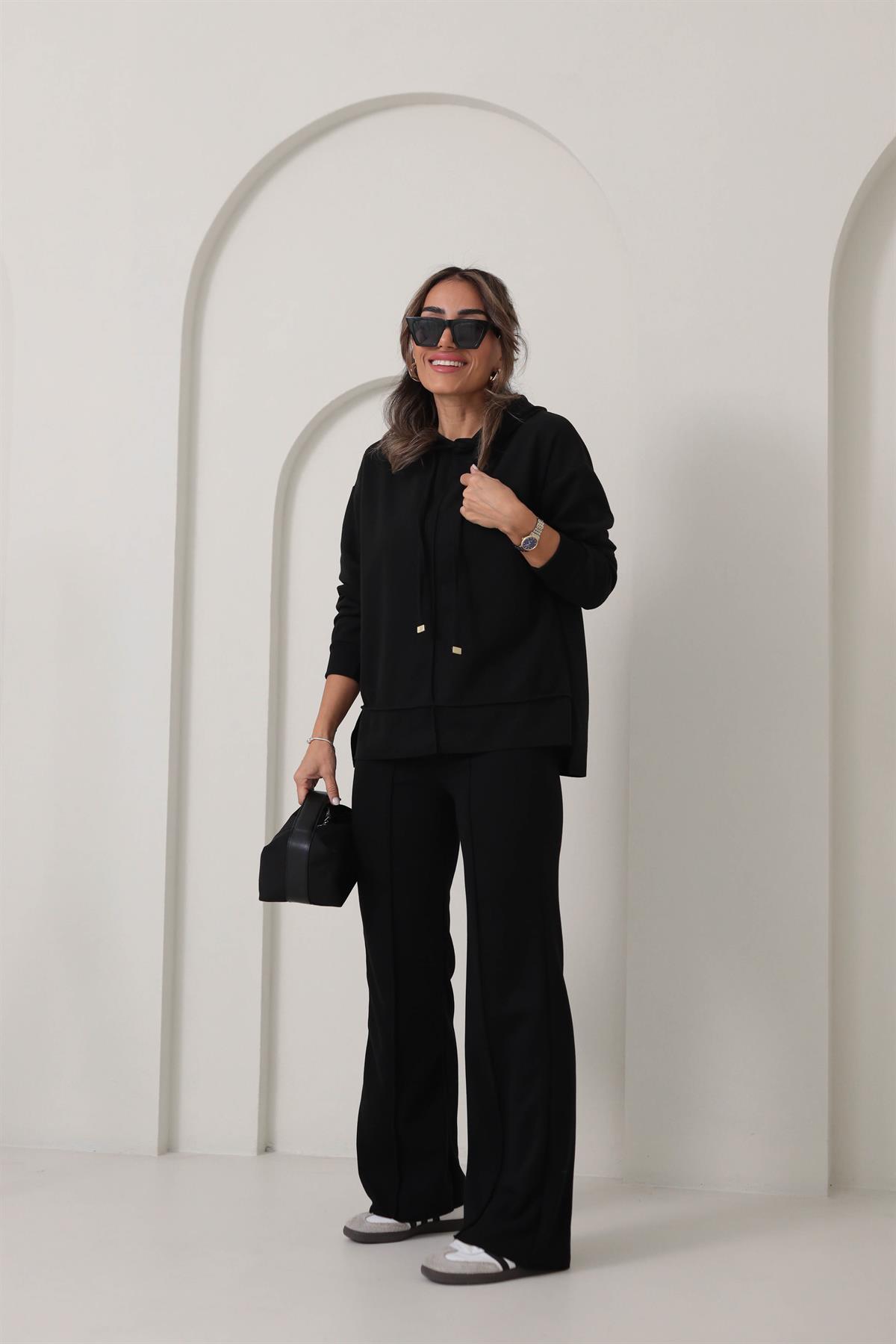 09T2 Ön Dikiş Detaylı Dokulu Rahat Takım SİYAH