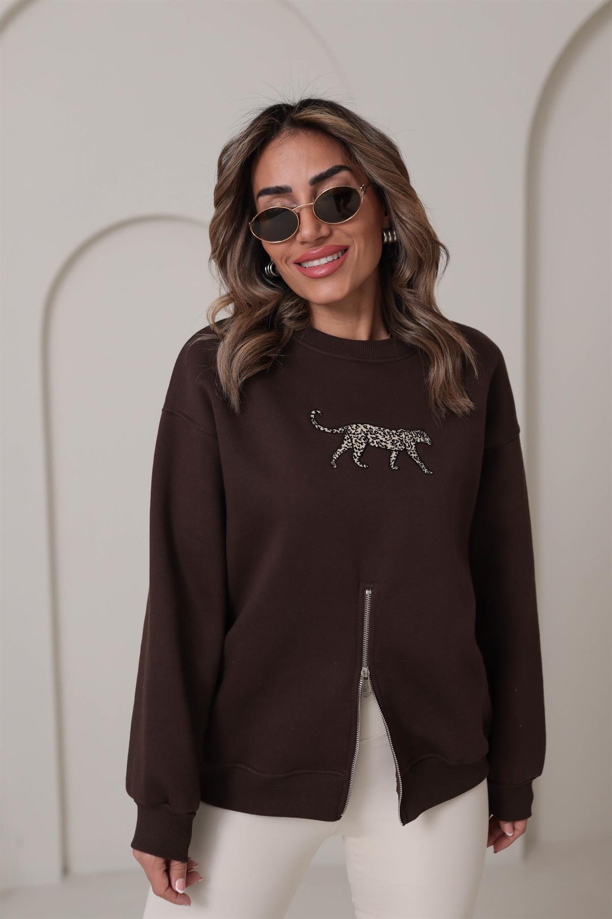 5617 Leopar Nakış Yarım Fermuarlı Şardonlu Sweatshirt KAHVE