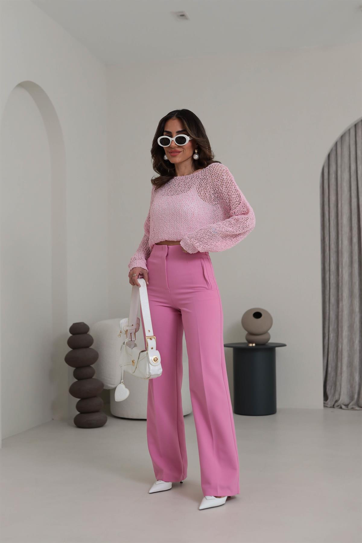 2001 Pensli Yüksek Bel Palazzo Pantolon PEMBE