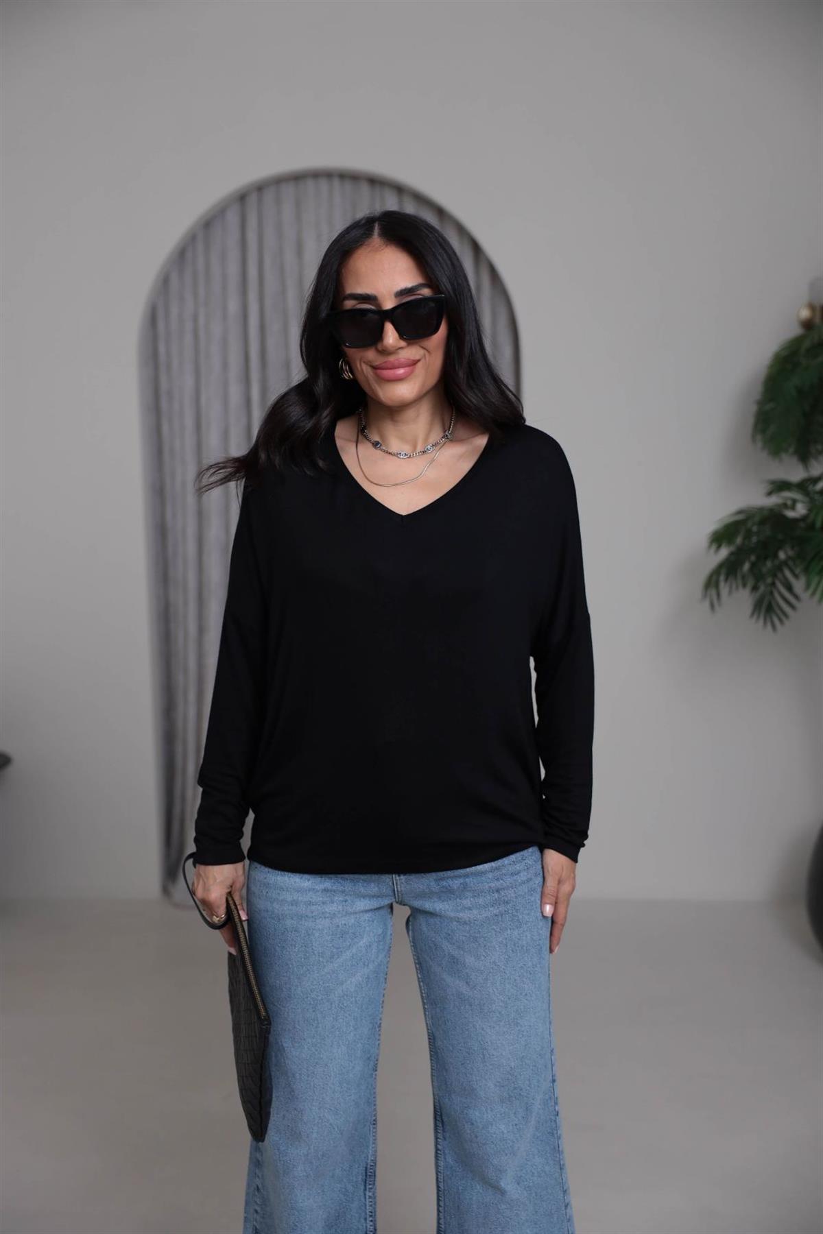 7590 V Yaka Yumoş Bluz SİYAH