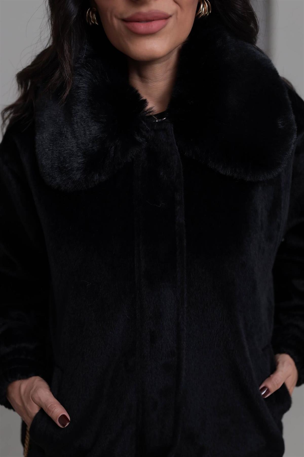 0099 Yaka Kürklü Alpaka Kaban SİYAH