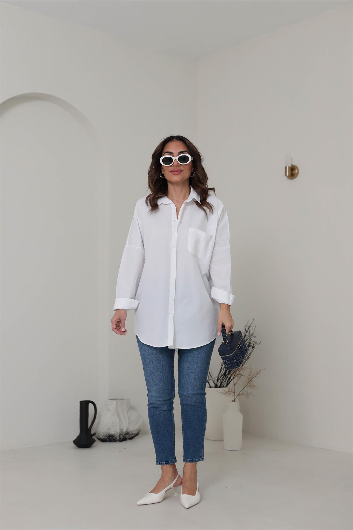 0097 Poplin Kumaş Oversize Gömlek BEYAZ