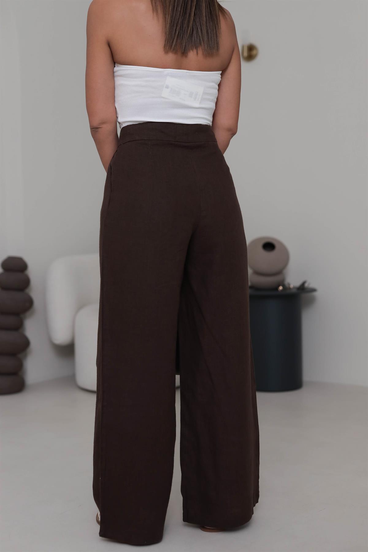 1448 Yüksek Bel Bol Paça Ham Keten Palazzo Pantolon ACI KAHVE