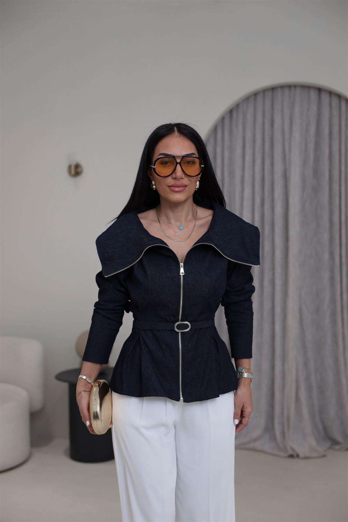 7729 Gömlek Yaka Fermuarlı Kot Bluz LACİVERT