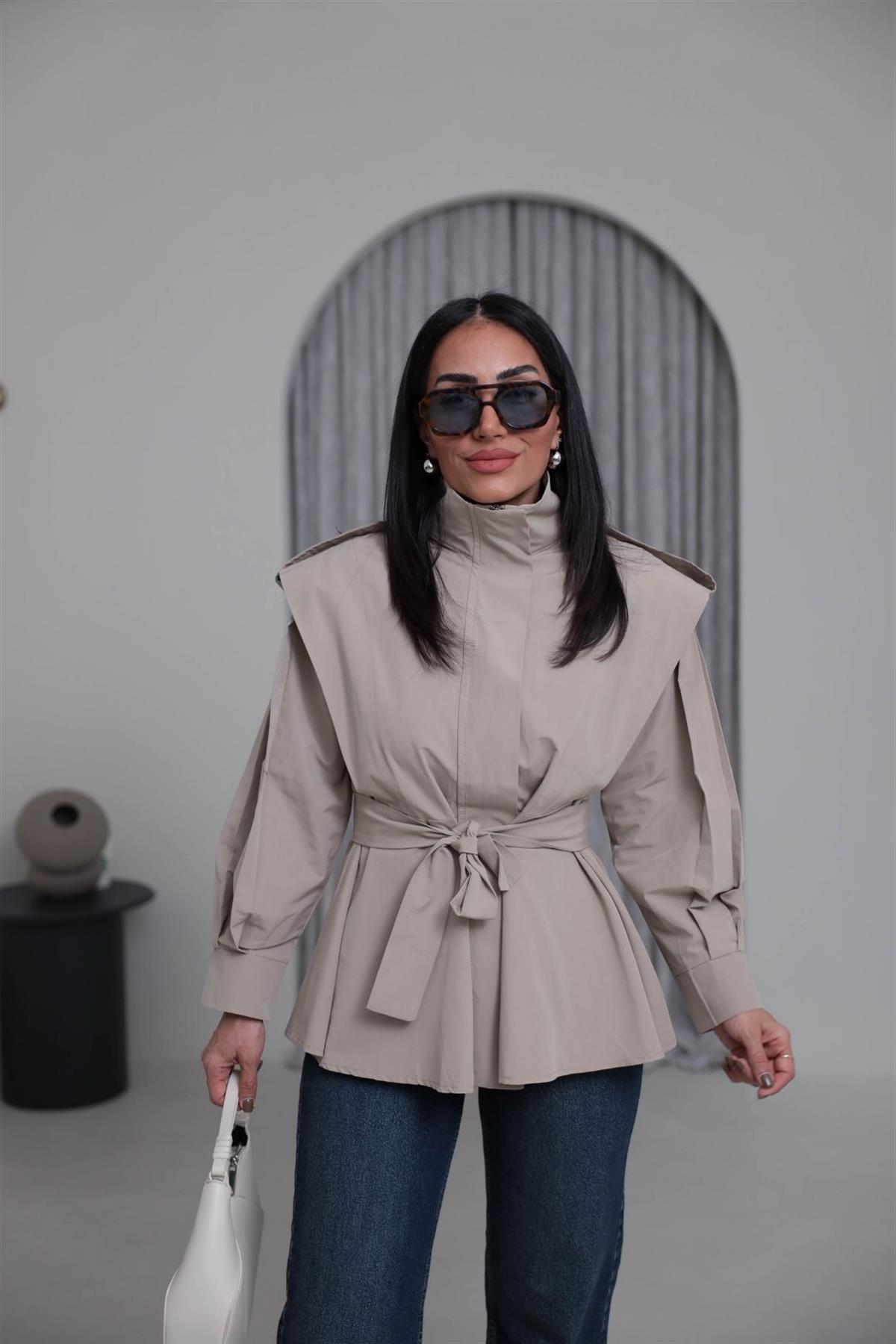 7623 Dik Yaka Geniş Omuz Kuşaklı Trençkot HAKİ YEŞİL