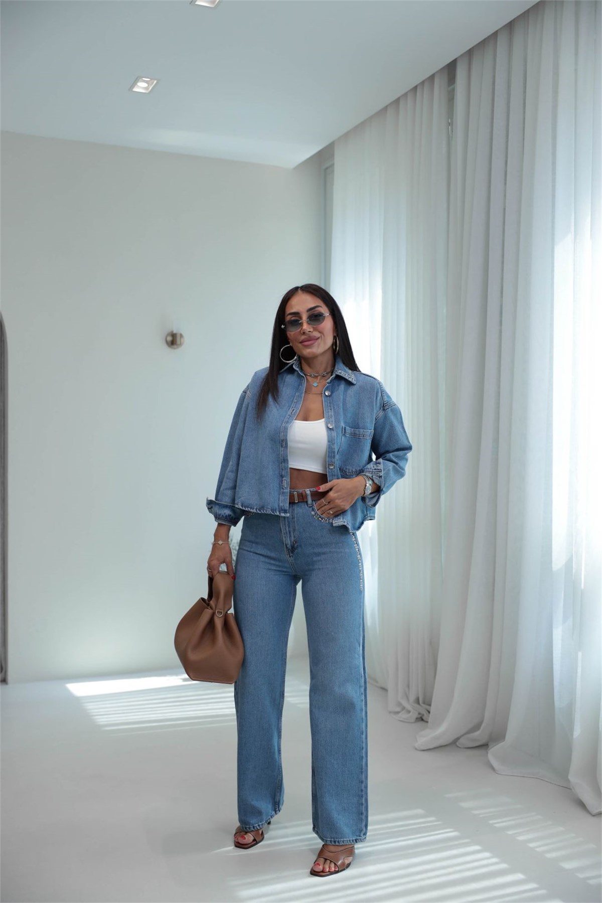 8405 Gömlek ve Pantolonu Taşlı Denim Takım MAVİ