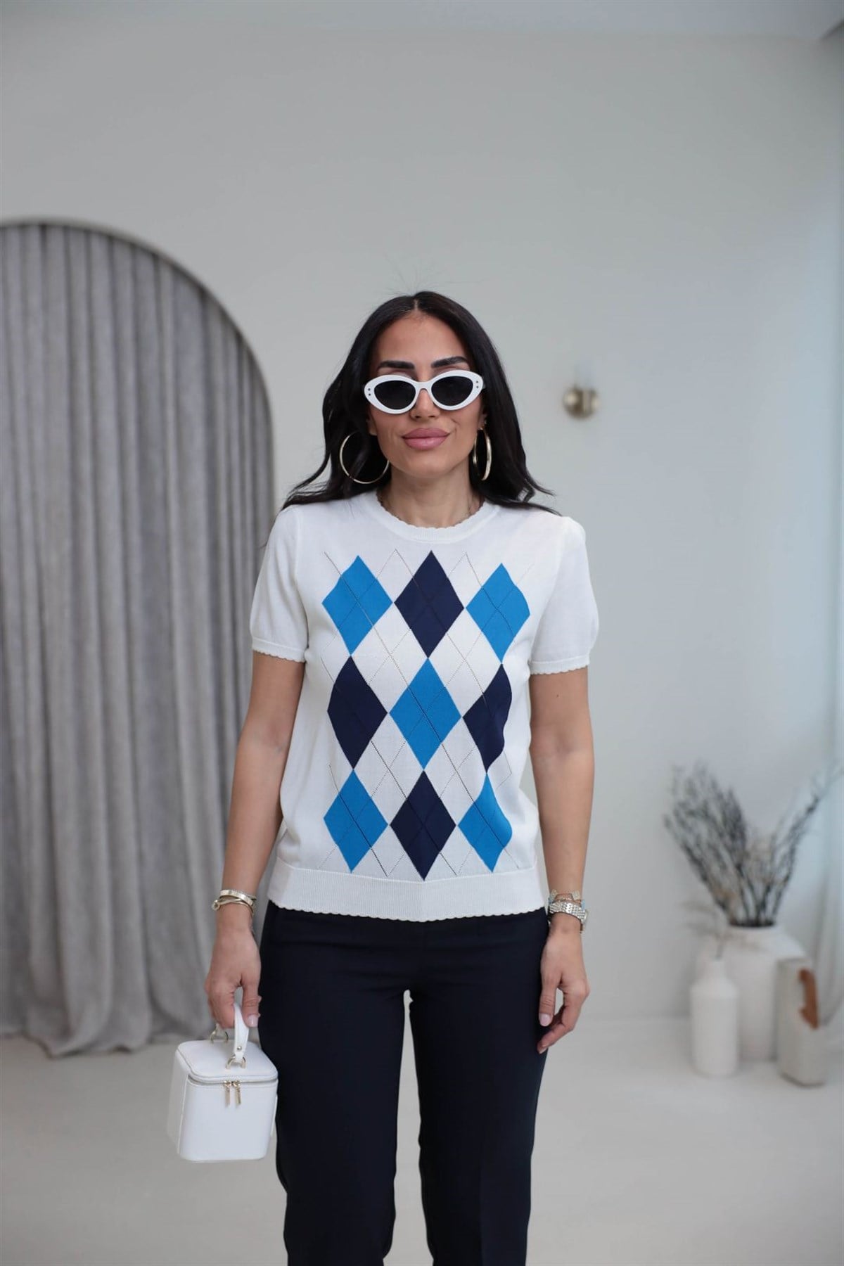 0617 Baklava Desenli Rayon Triko Bluz KREM