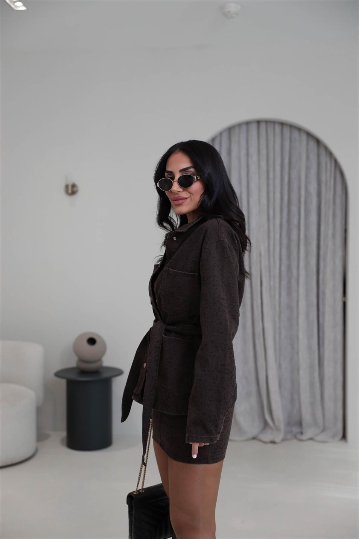 0276 Leopar Desen Kuşaklı Ceket KAHVE