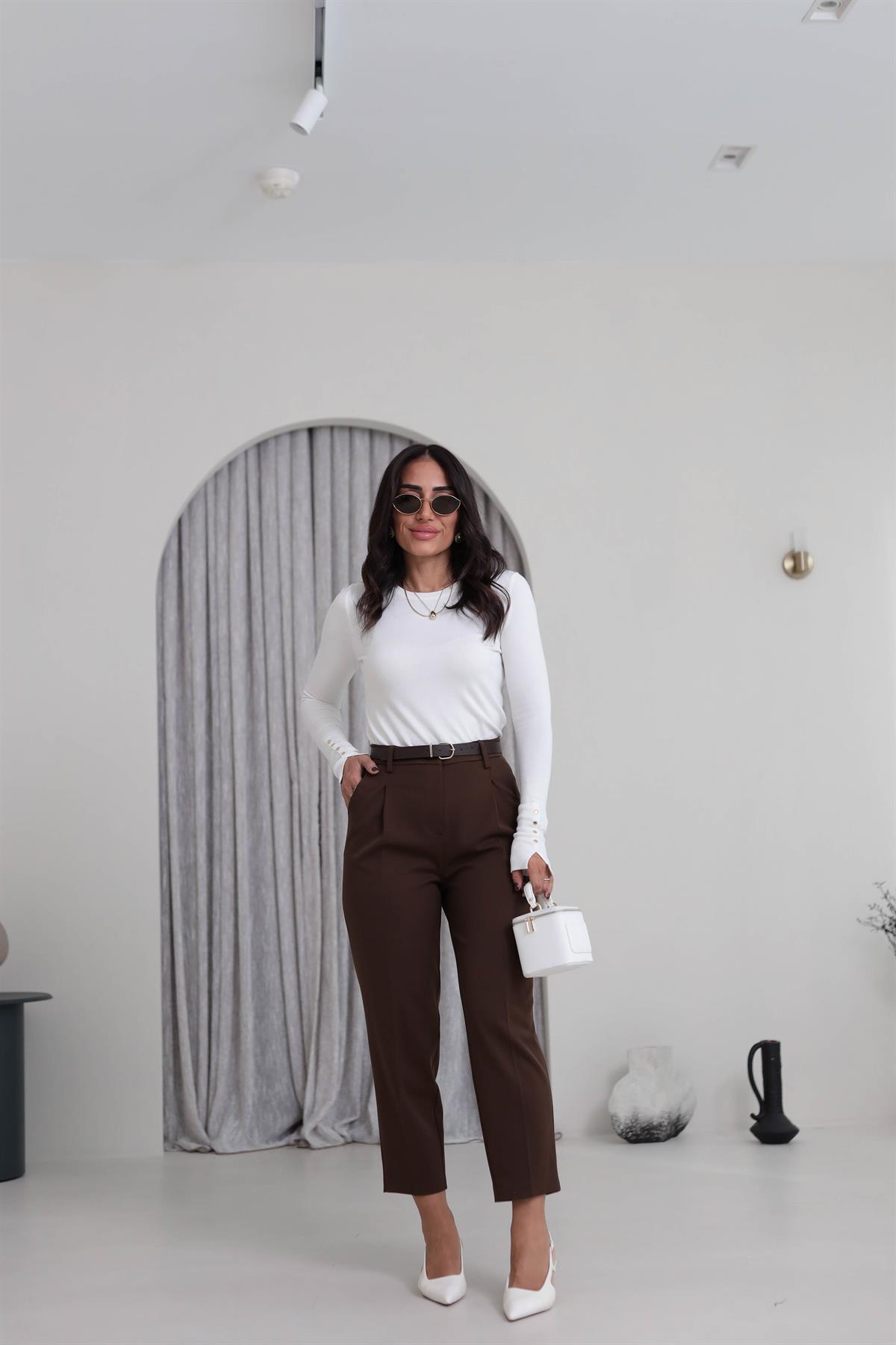 2166 Kemerli Havuç Fit Pantolon KAHVE