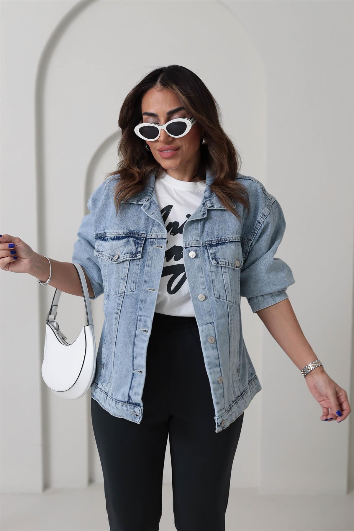 3539 Kapaklı Cep Detay Oversize Kot Ceket AÇIK MAVİ