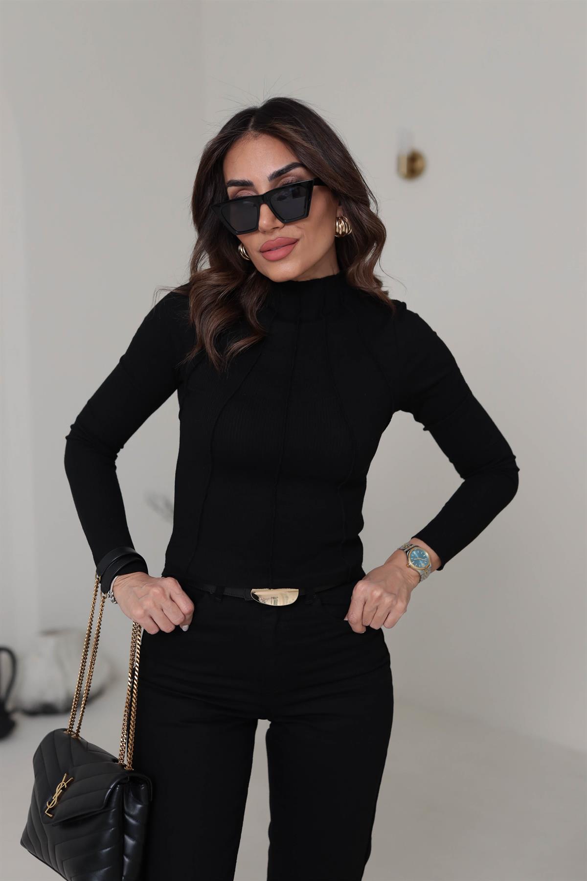 3875 Önü Dikişli Pamuklu Bluz SİYAH