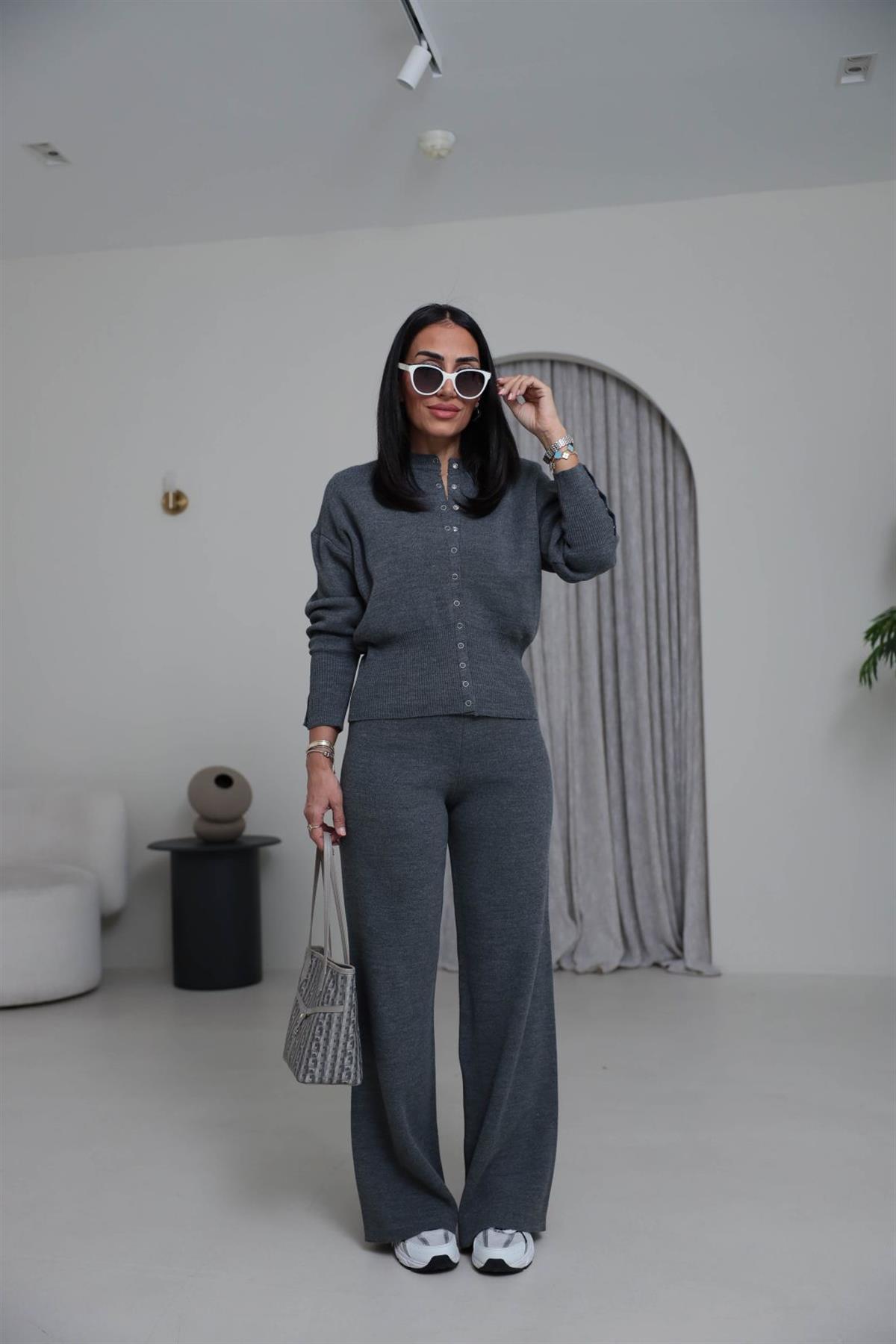 0129 Bisiklet Yaka Çıtçıt Detaylı Triko Takım KOYU GRİ