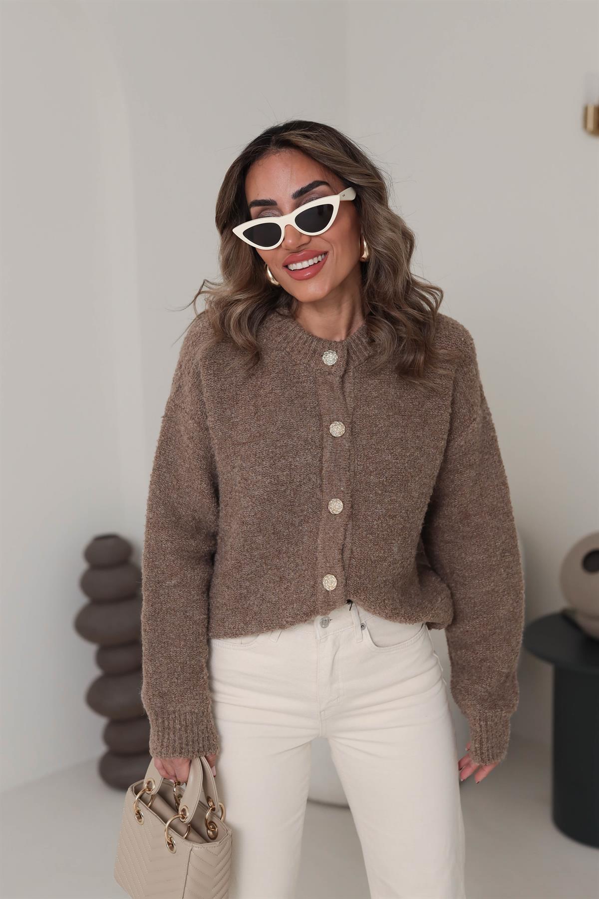 60276 V Yaka Düğmeli Buklet Triko Hırka VİZON