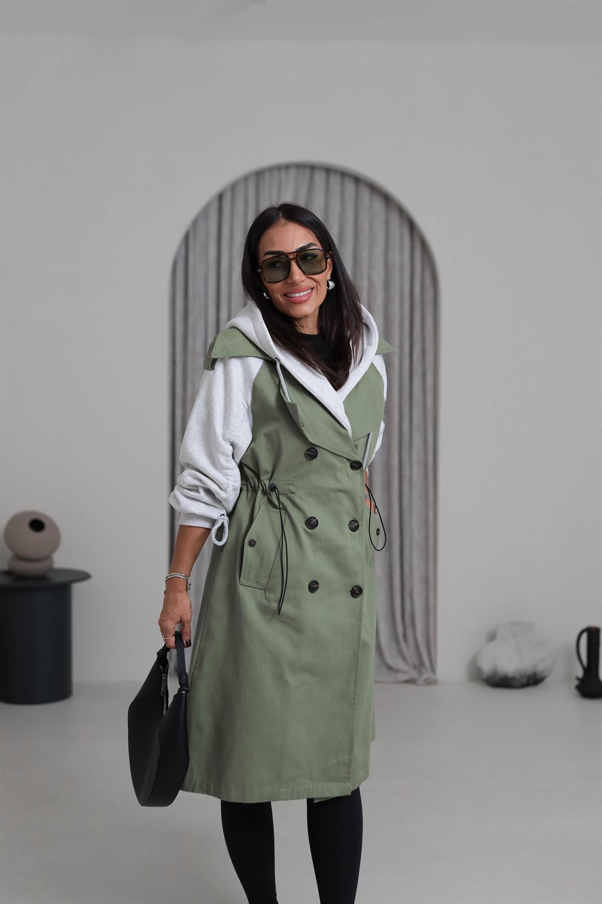 0534 Kolları Kalın Penye Garnili Trençkot HAKİ YEŞİL