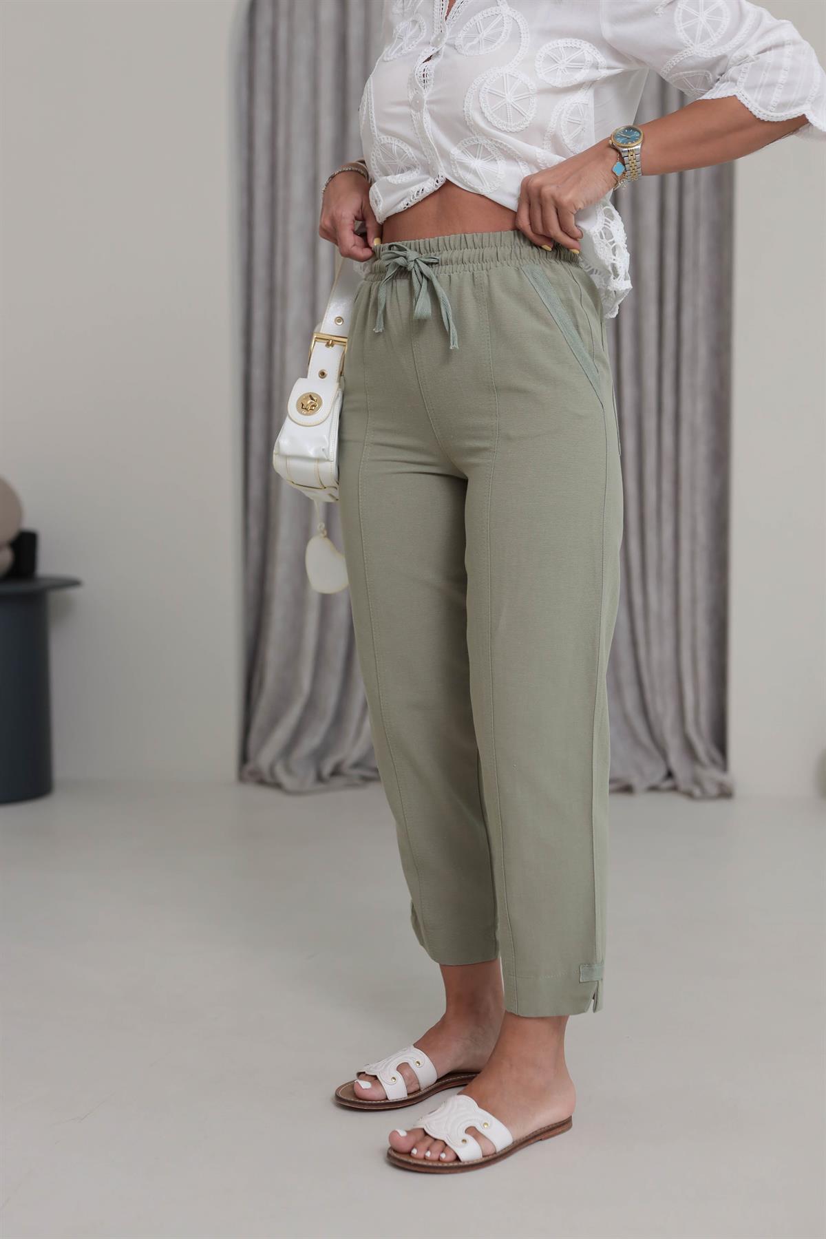 3875Y Balıksırtı Detay Yüksek Bel Pantolon HAKİ YEŞİL