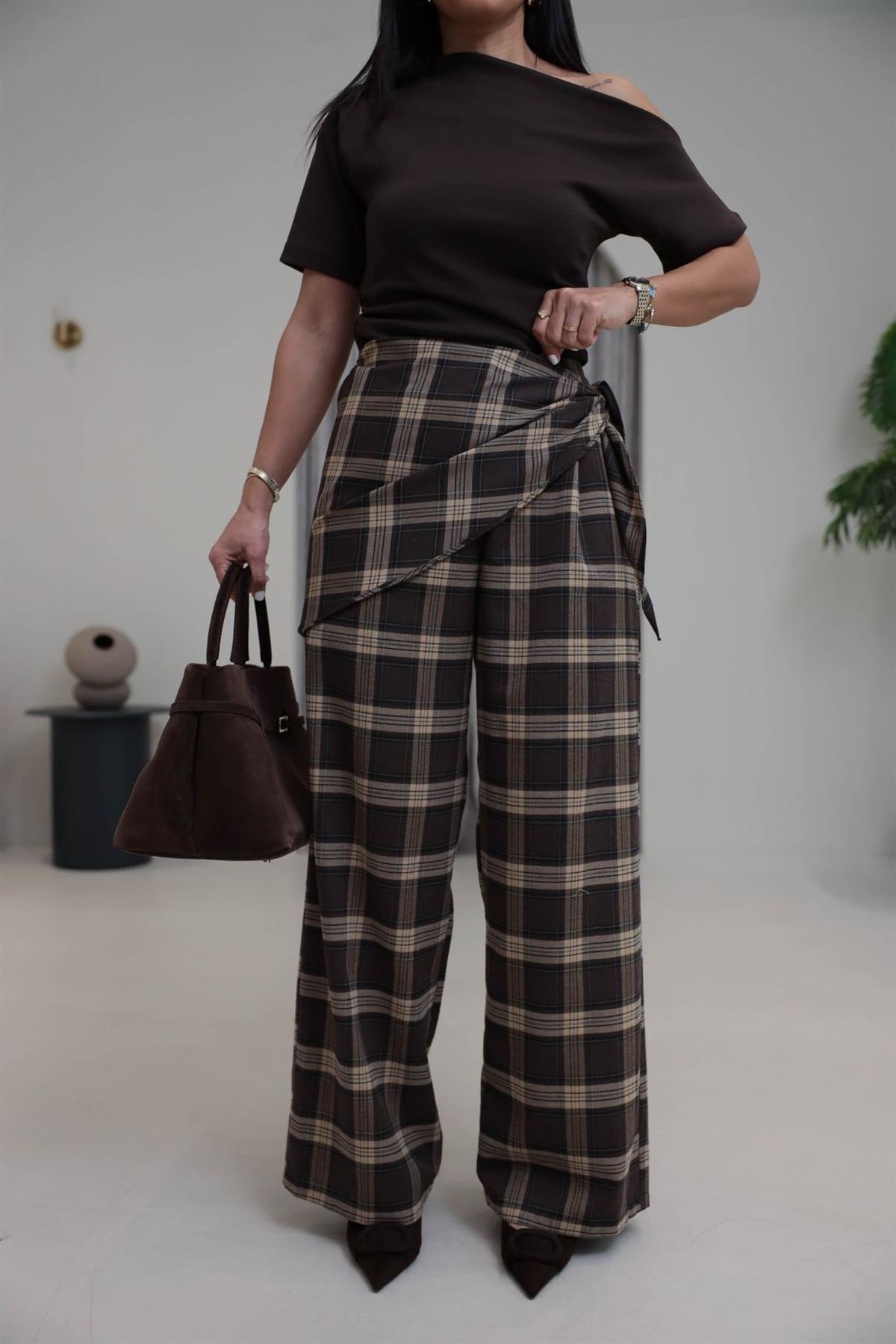 1508 Arka Bel Lastikli Bağlama Detaylı Ekose Pantolon KAHVE