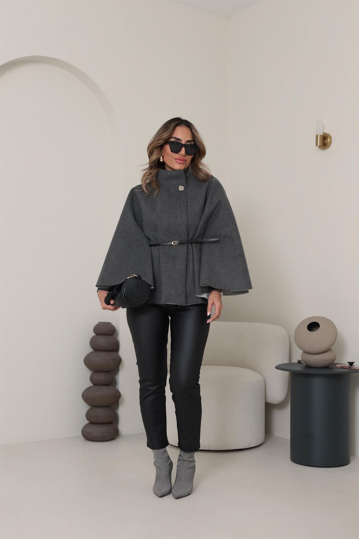 80167 Kemerli Dik Yaka Kaşe Panço ANTRASİT