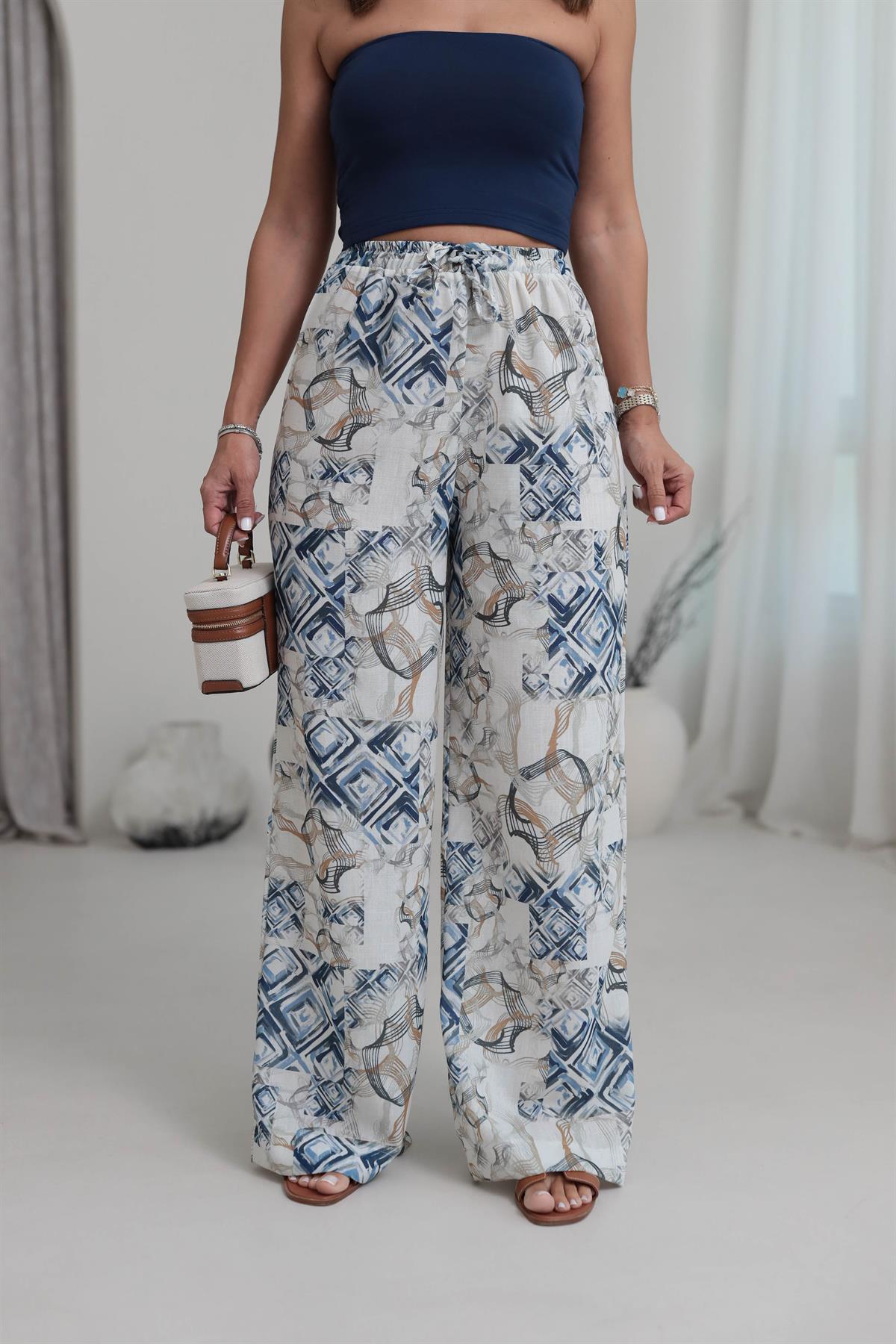 9792 Desenli Rahat Keten Pantolon DESENLİ