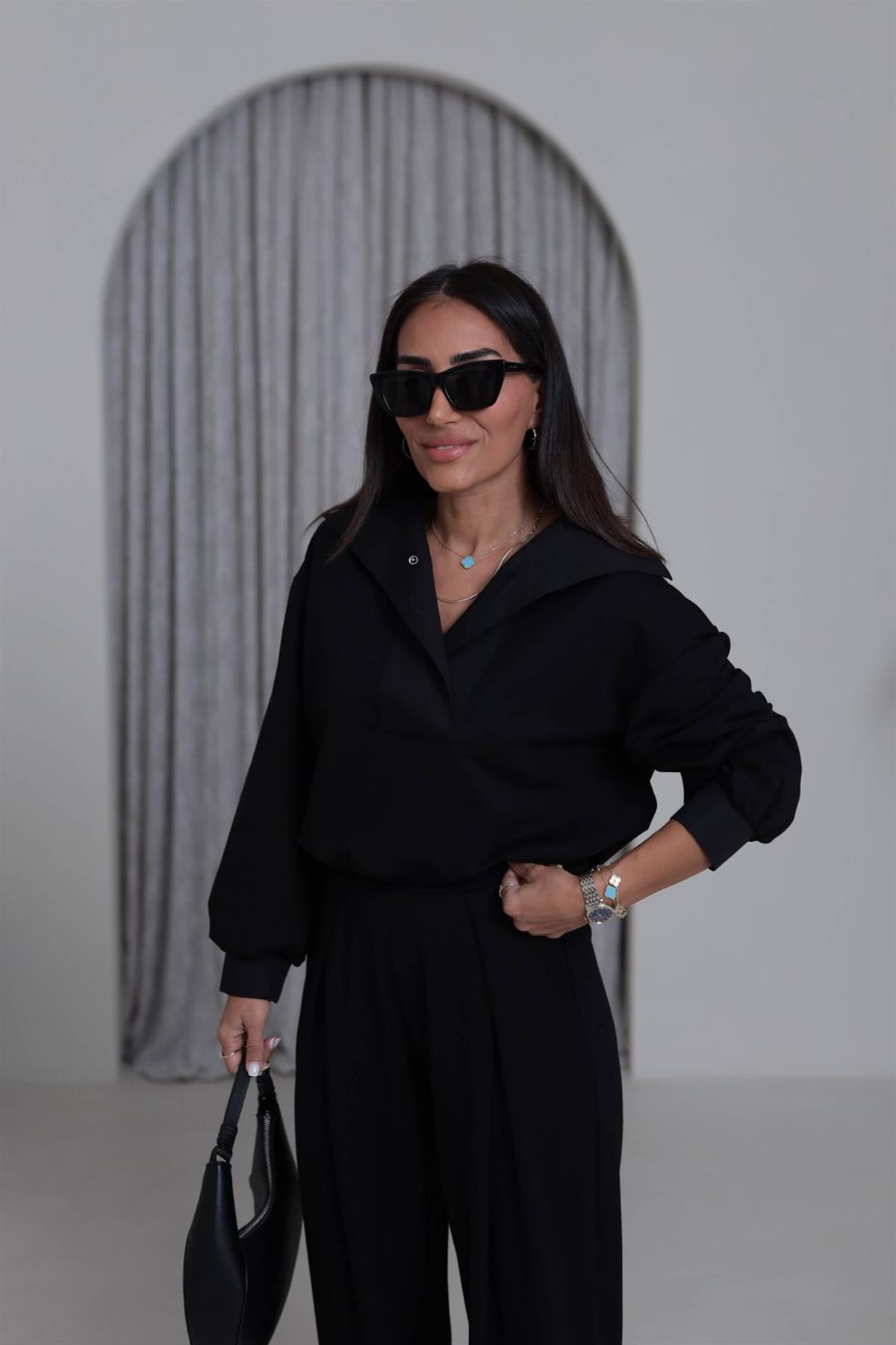 6720 Poplin Yaka Altı Lastikli Sweatshirt SİYAH