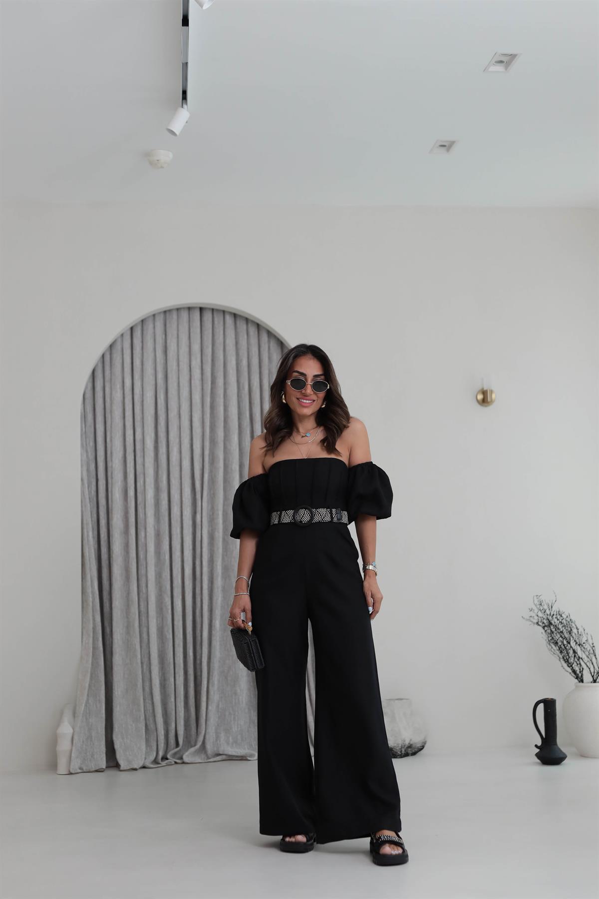 2387 Balon Bol Kemerli Keten Tulum SİYAH