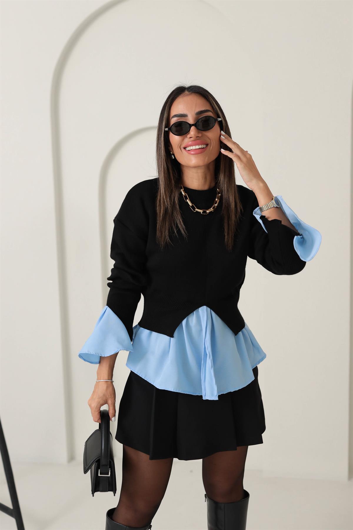 0005 Kolları ve Etek Ucu Volanlı Gömlek Detay Triko SİYAH