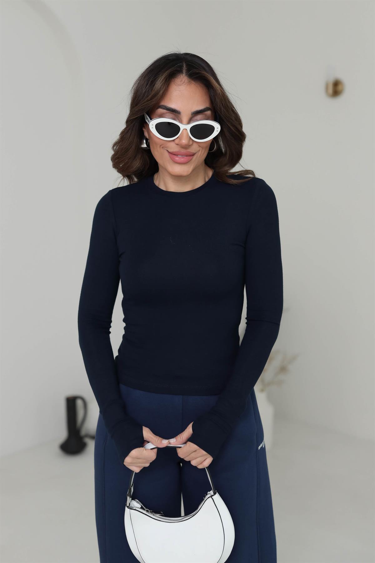 5068 Yumuşak Doku Parmak Geçmeli Bluz LACİVERT