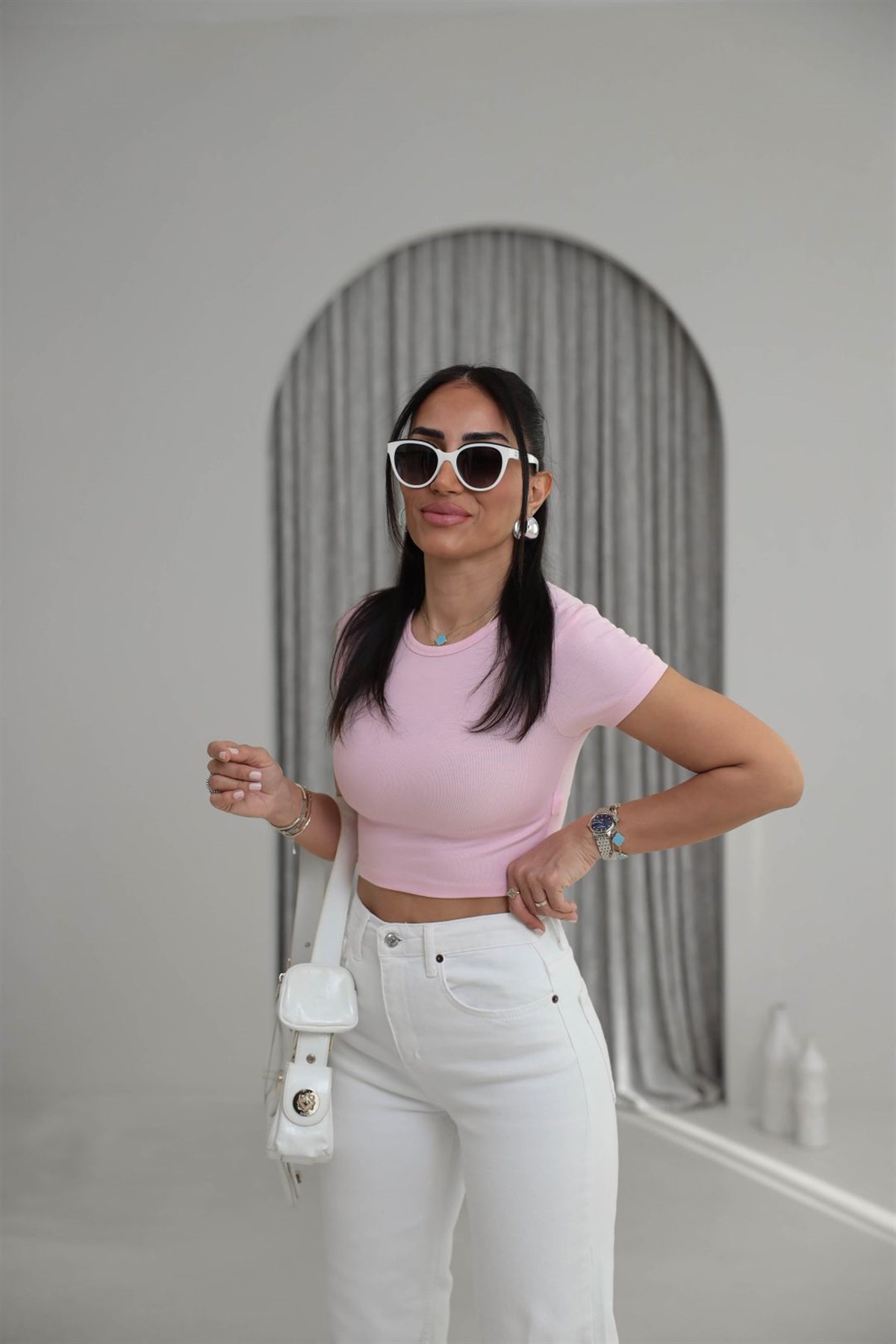 1104 Modal Crop Tshirt PEMBE