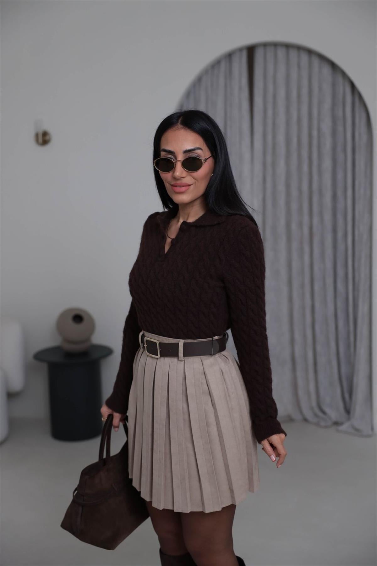 4984 Polo Yaka Örgülü Yarım Düğmeli Kazak ACI KAHVE