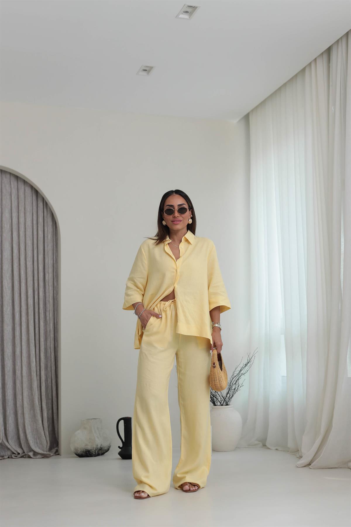 0390 Yarım Kol Gömlekli Pantolonlu Keten Takım SARI