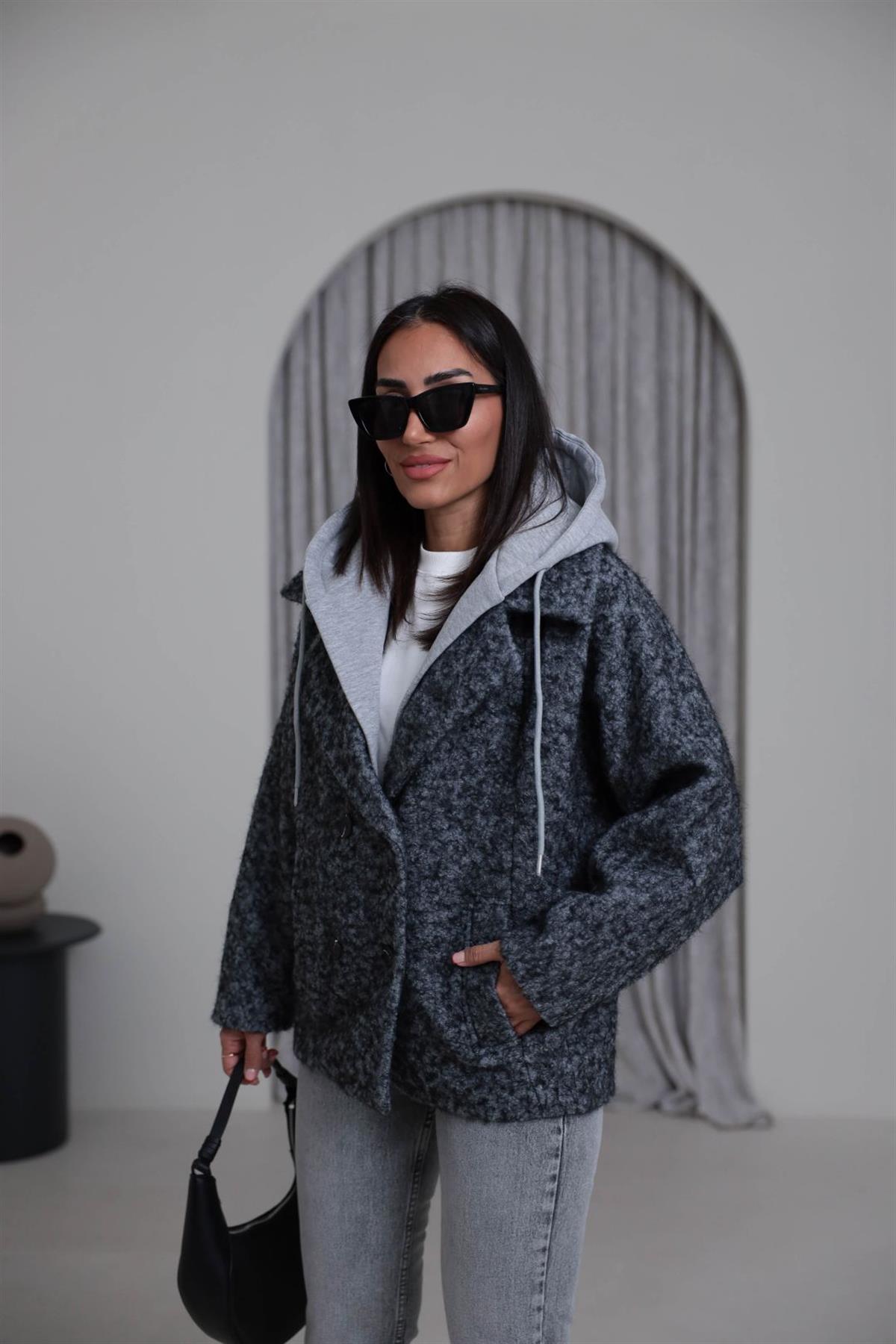 9690 Kapşon Detaylı Buklet Kaban GRİ-GRİ