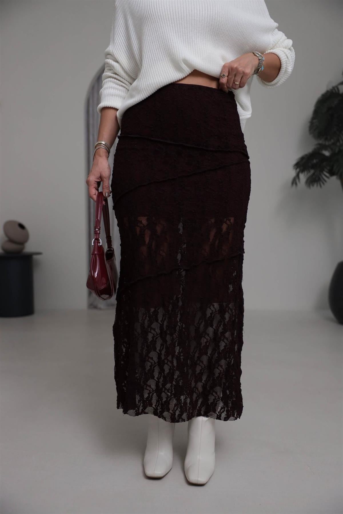 8818 Astarlı Dikiş Detaylı Dantel Etek MÜRDÜM
