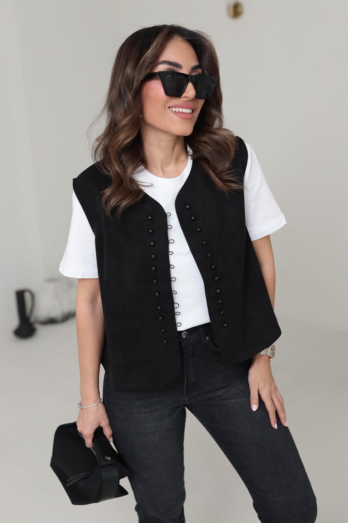 5432 Siyah Düğmeli Süet Yelek SİYAH