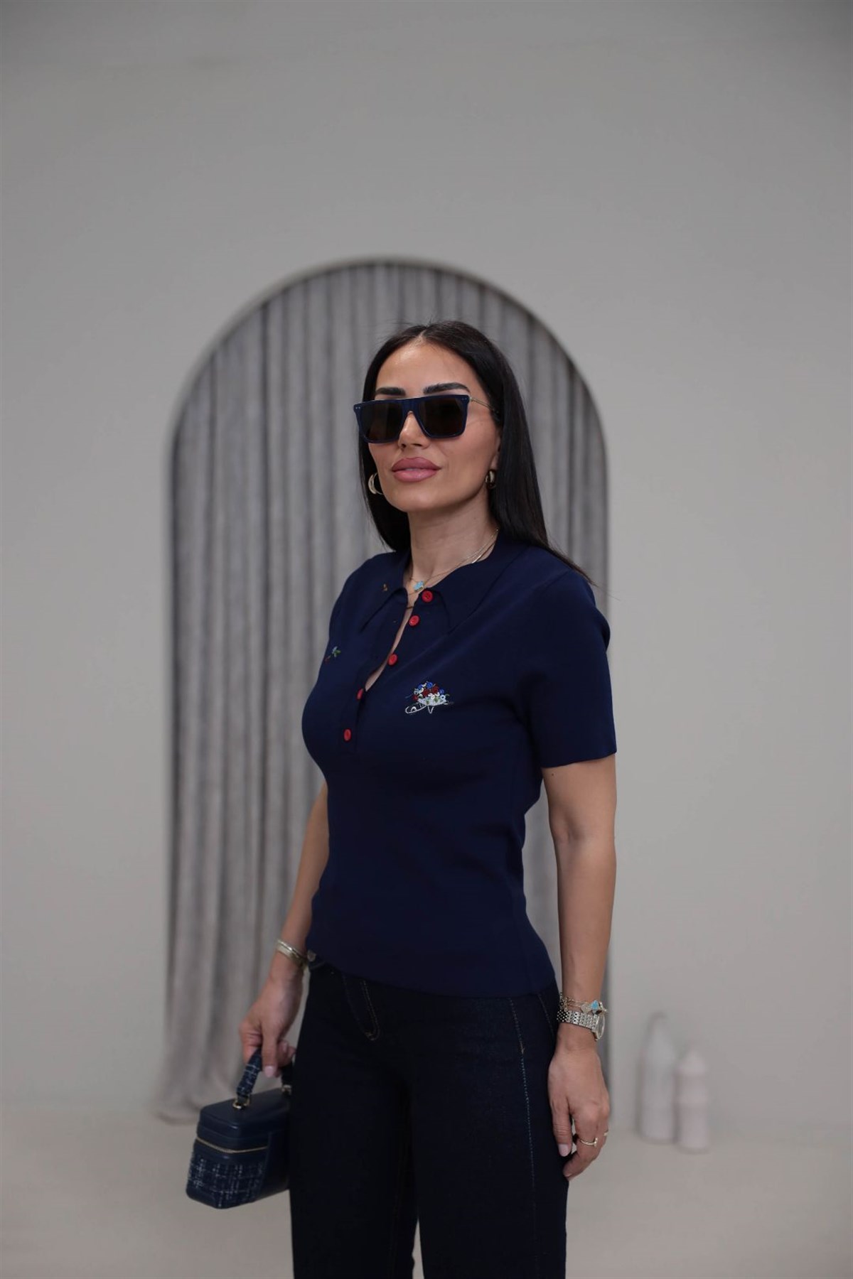 0615 Çiçek Nakış Detay Polo Yaka Kısa Kol Triko LACİVERT