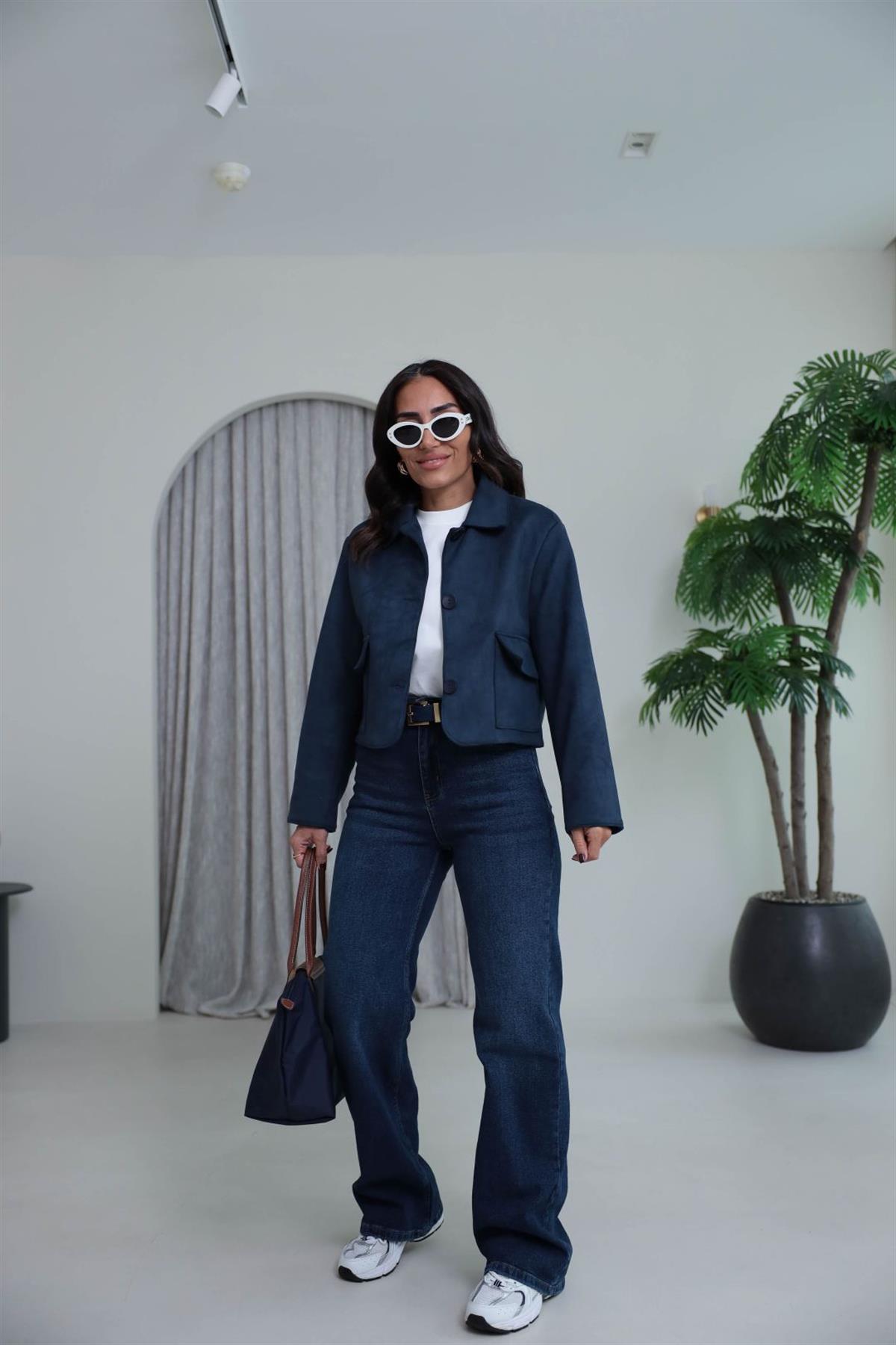 0208  Cep Detaylı Kısa Süet Ceket LACİVERT