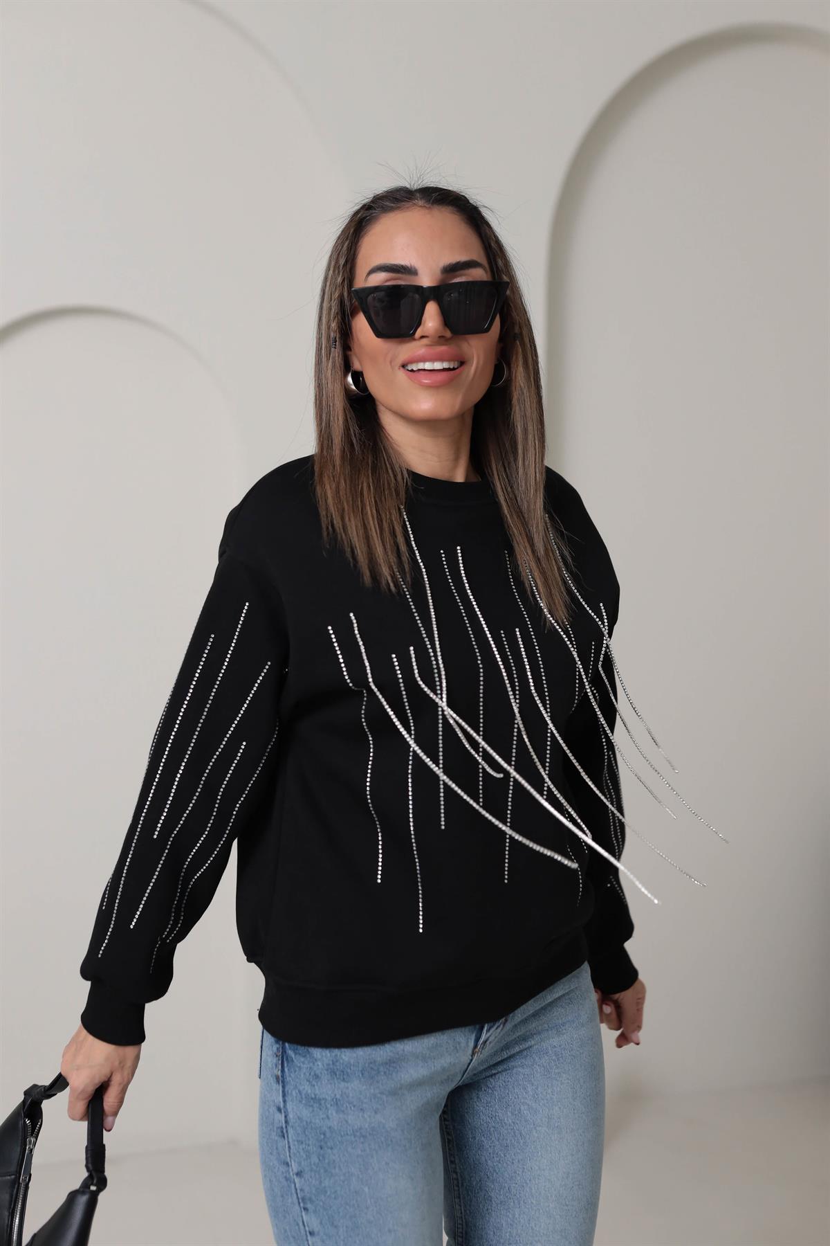 5653 Taş Zincir Detaylı Şardonlu Sweatshirt SİYAH