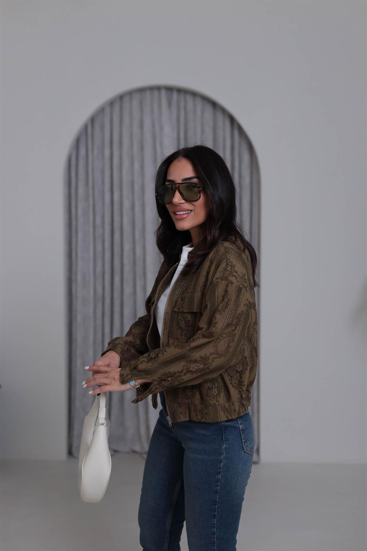 Fermuarlı Cep Kapaklı Dantelli Bomber Ceket HAKİ YEŞİL