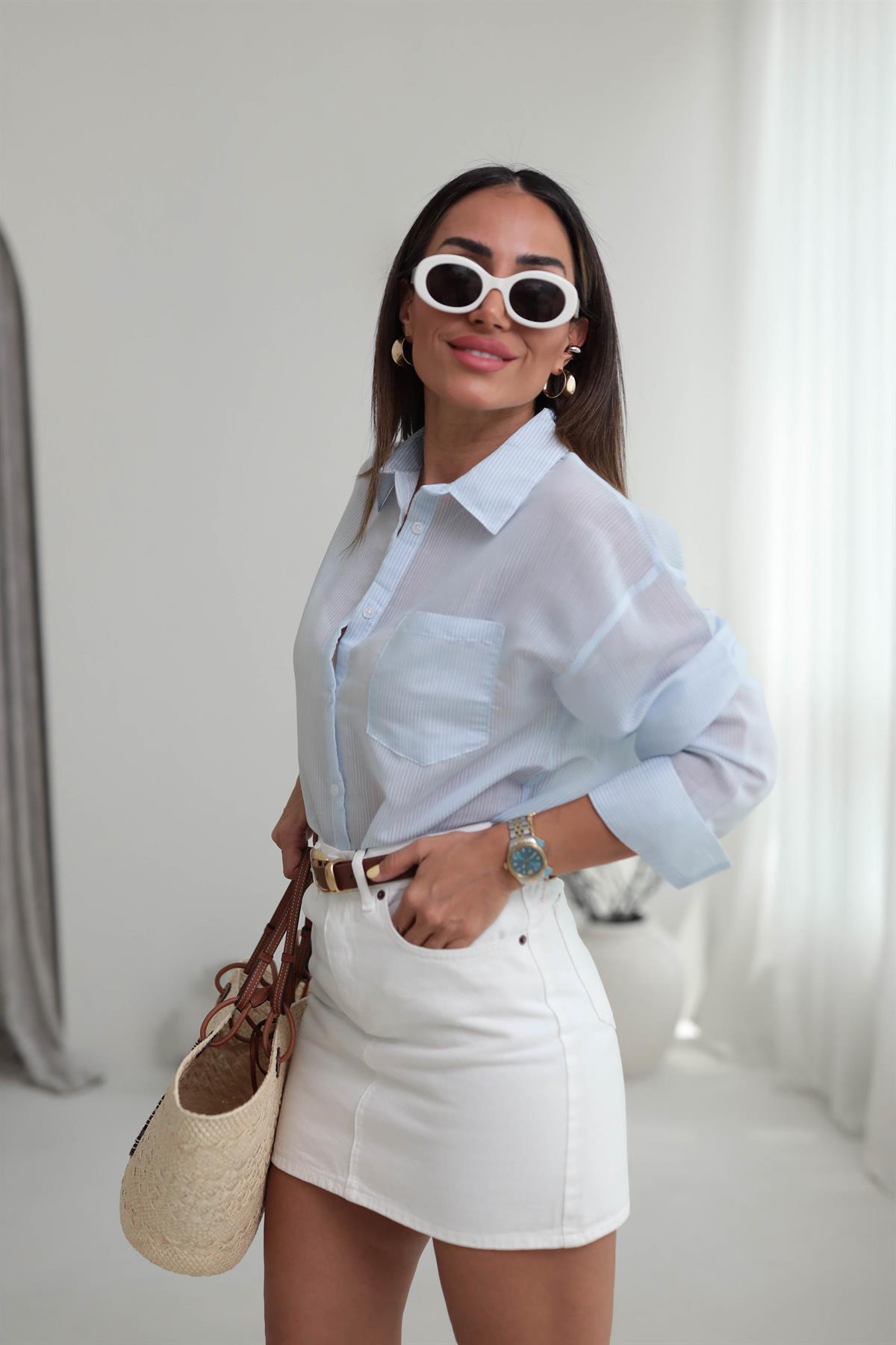 Çizgili İnce Gömlek AÇIK MAVİ