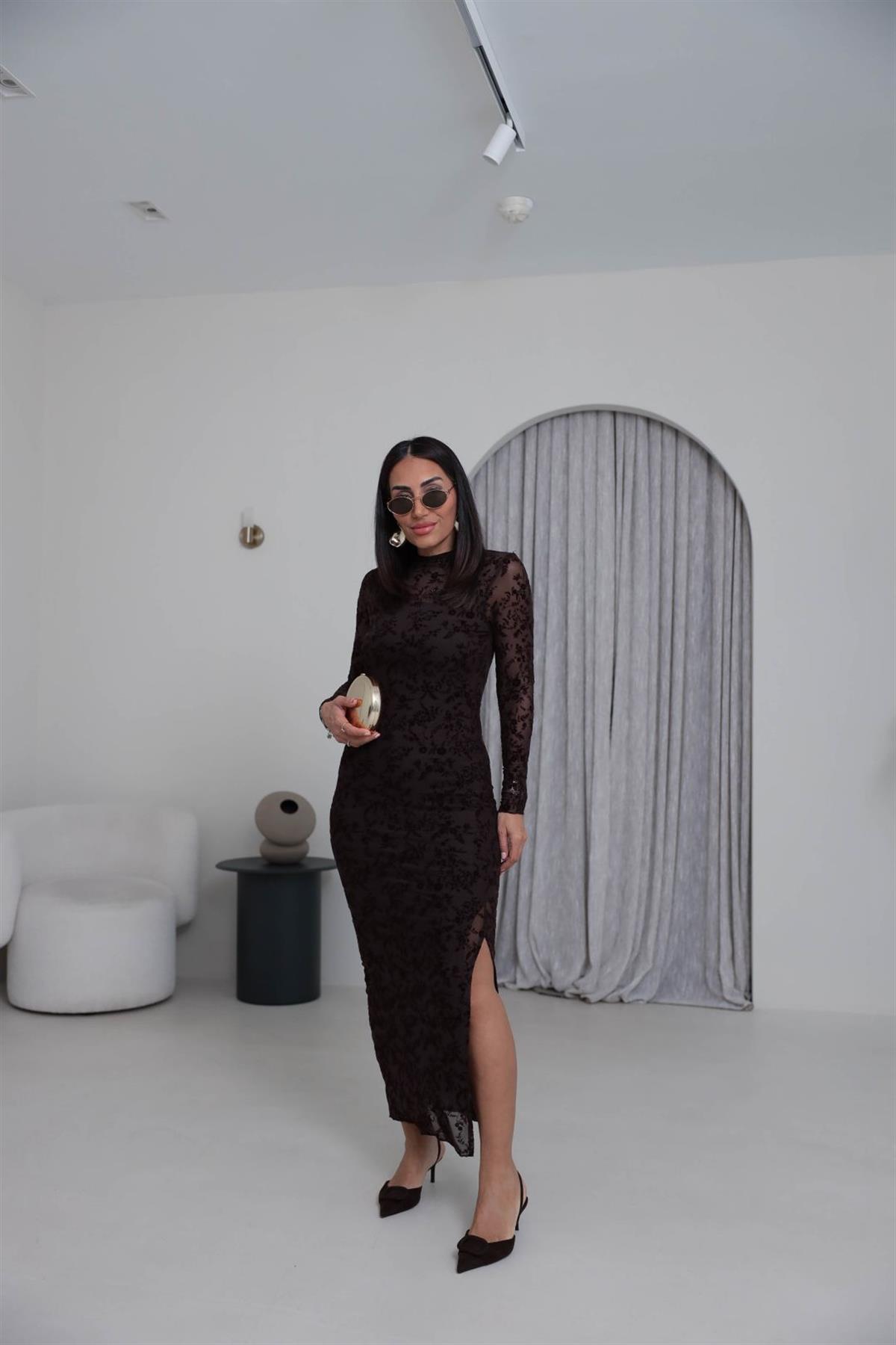 1164 Flok Baskılı Yırtmaçlı Maxi Boy Tül Elbise ACI KAHVE