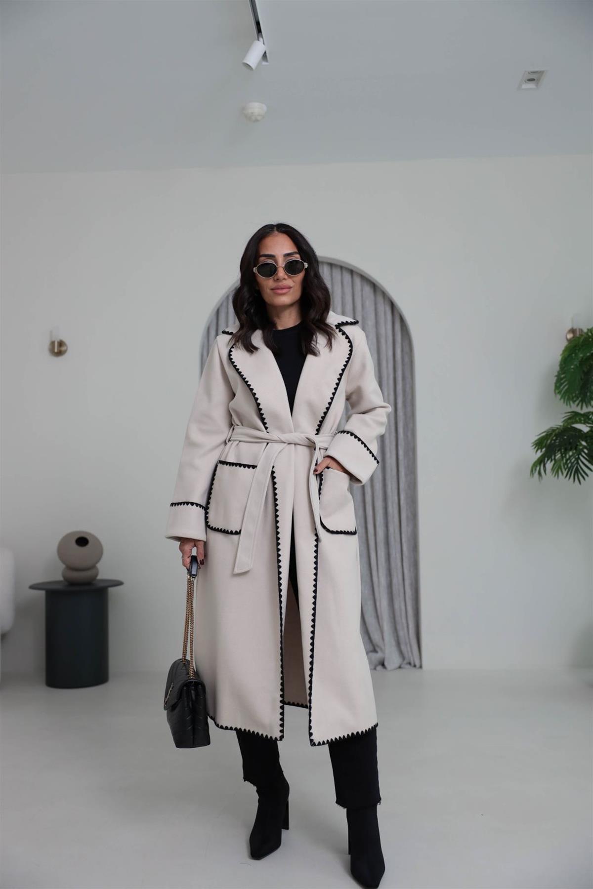 7636 Dikiş ve Cep  Detaylı Kuşaklı Kaban TAŞ