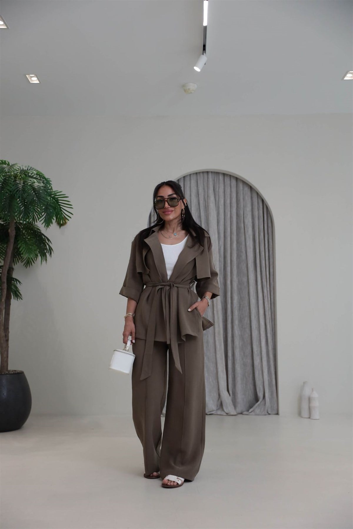 7309 Tencel Kumaş Yarım Kol Gömlek Pantolon Takım HAKİ YEŞİL
