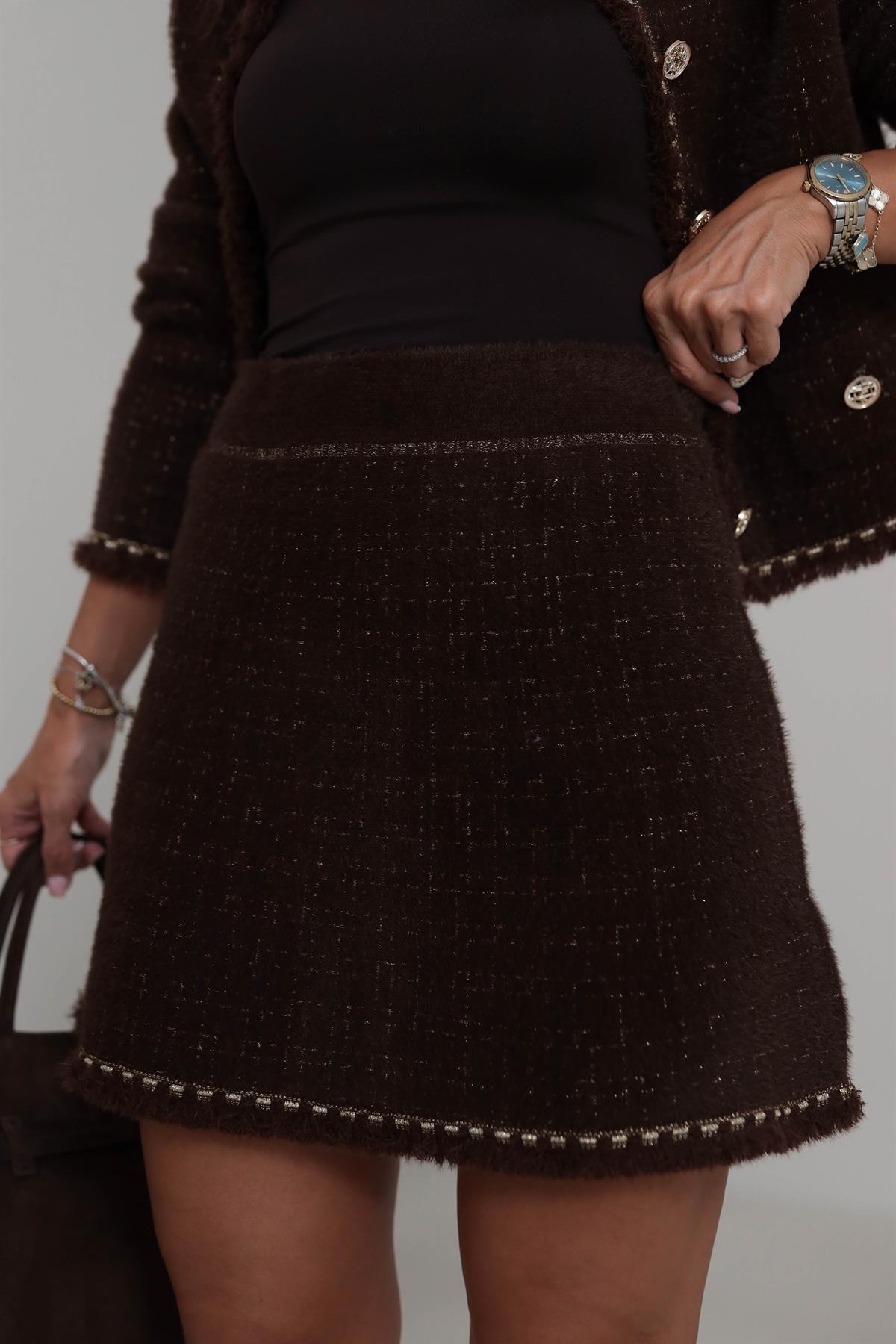 0420 Püskül ve Sim Detaylı Angora Etek ACI KAHVE