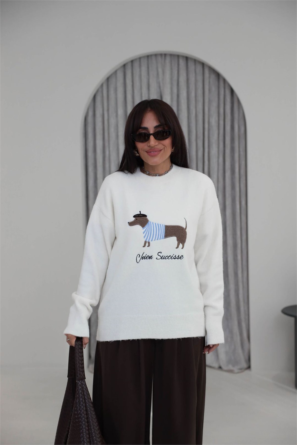 5403 Cozy Dog Nakışlı Yumoş Kazak EKRU