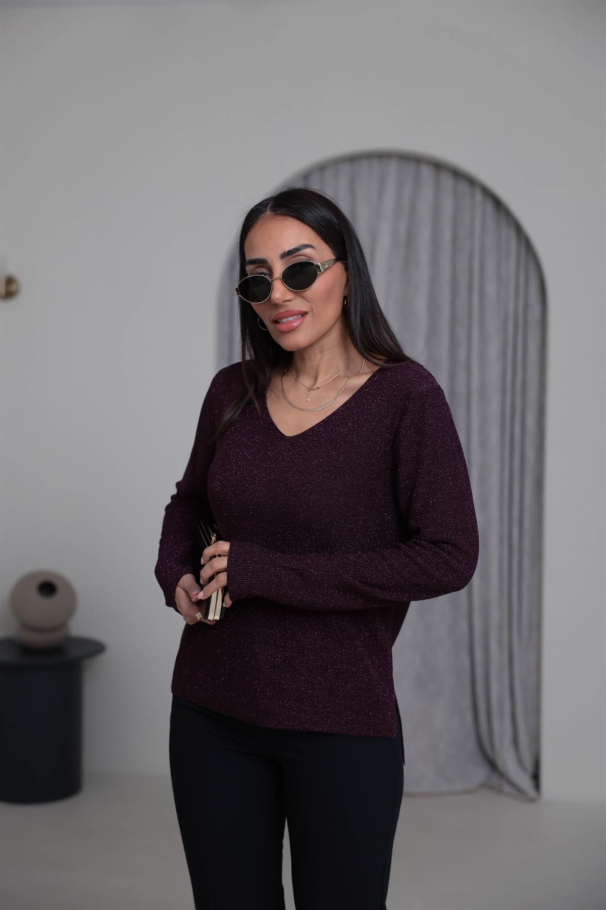 152 V Yaka Simli Viskon Triko Bluz MÜRDÜM