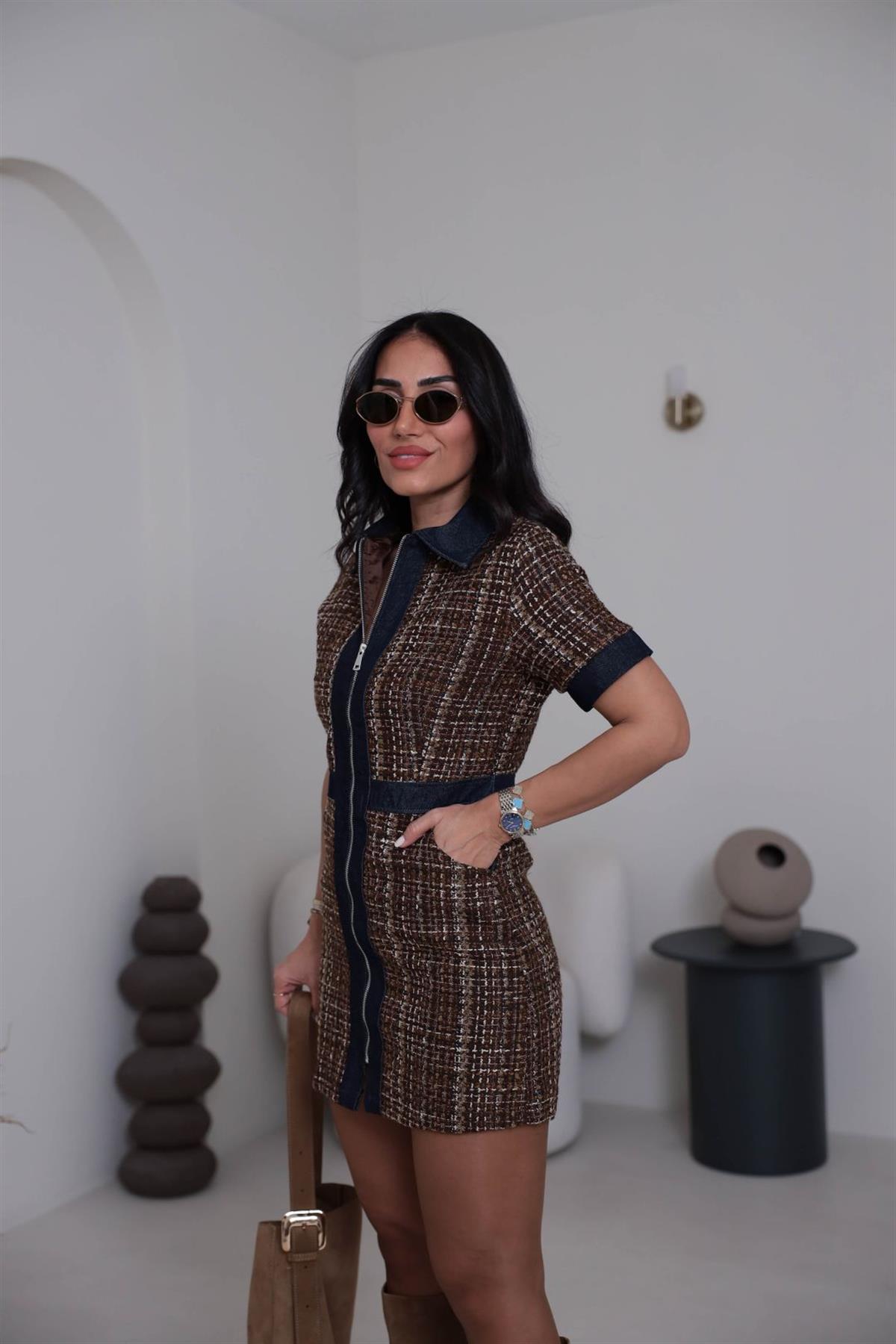 8082 Gömlek Yaka Kot Garnili Tüvit Elbise KAHVE